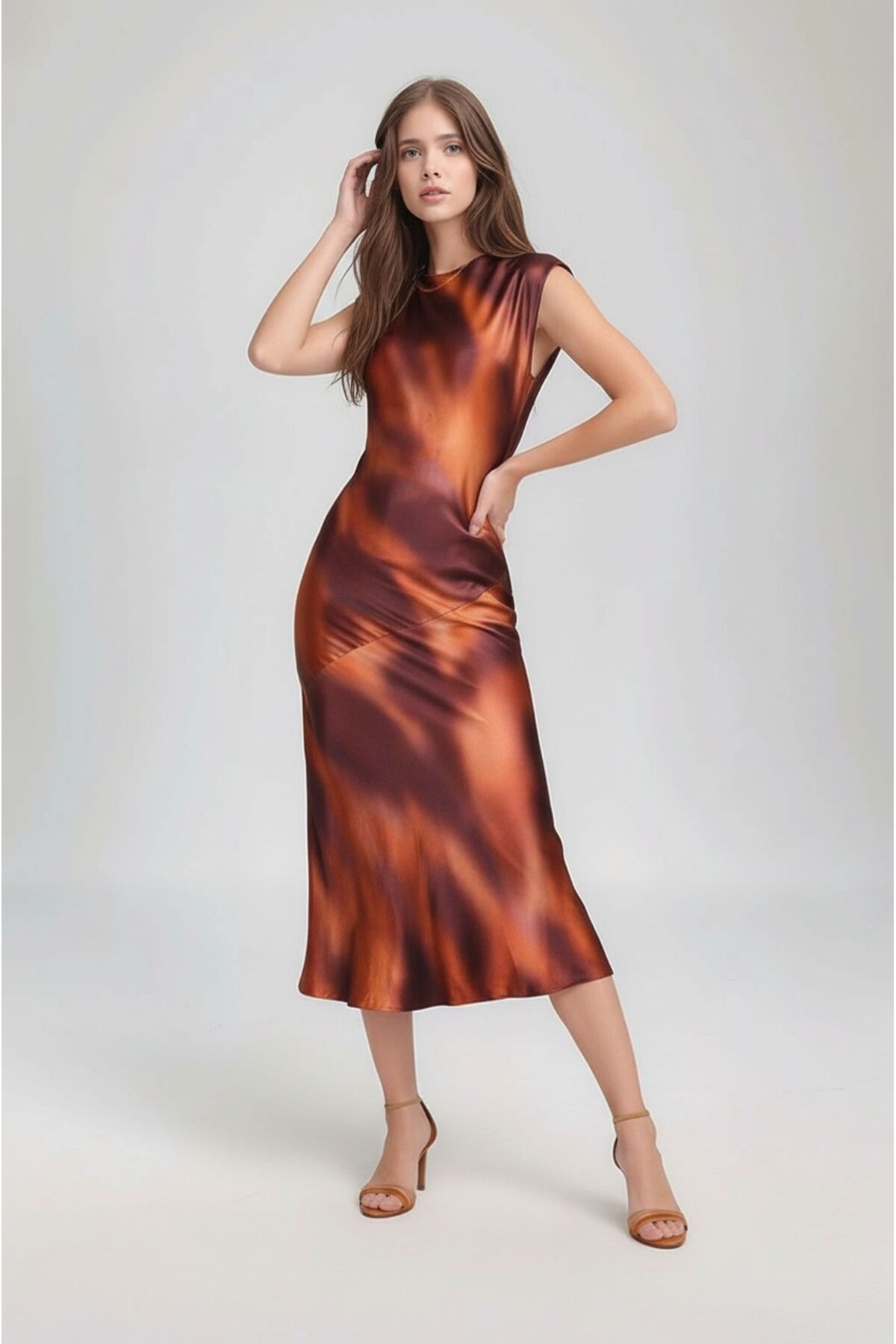 Kadın Ay Kol Bisiklet Yaka Asimetrik Etek Saten Şık Midi Gece Elbisesi