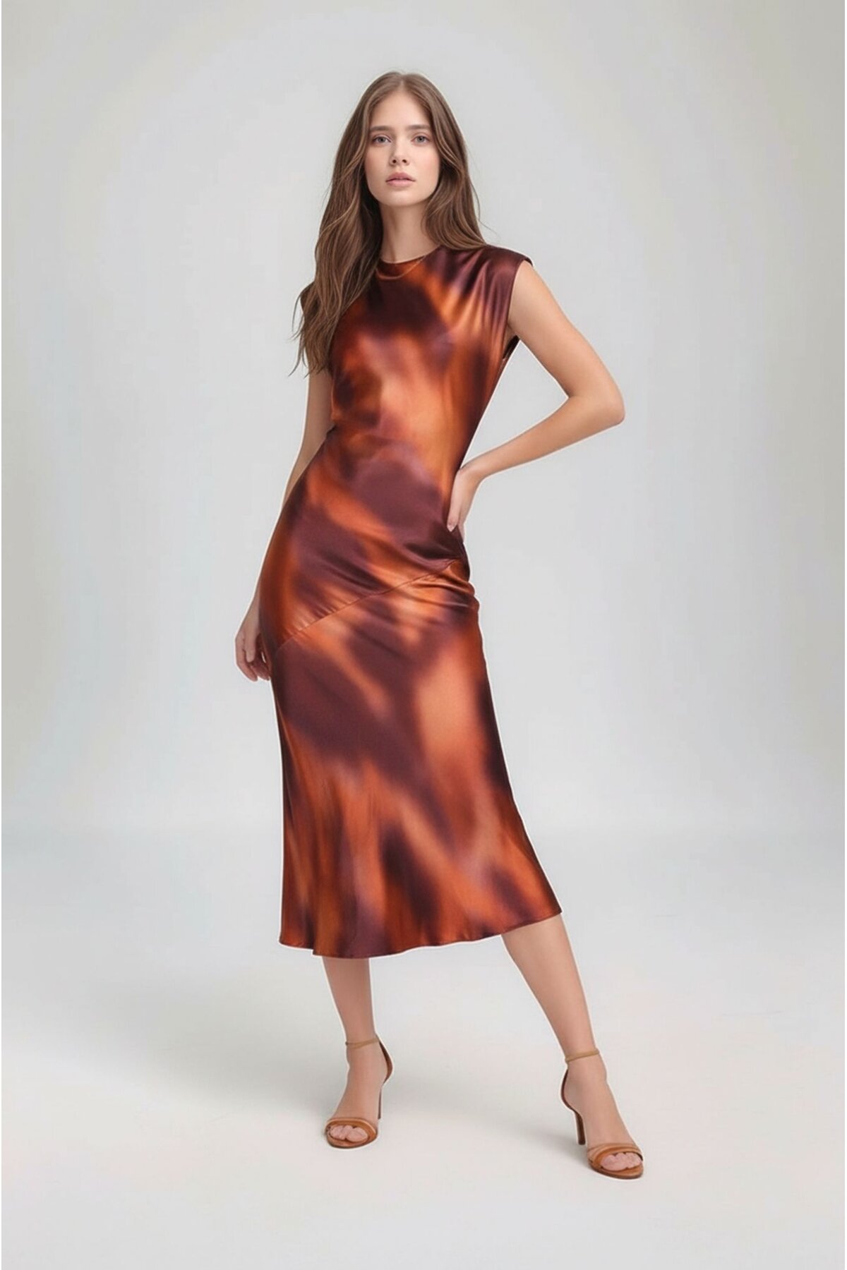 Kadın Ay Kol Bisiklet Yaka Asimetrik Etek Saten Şık Midi Gece Elbisesi