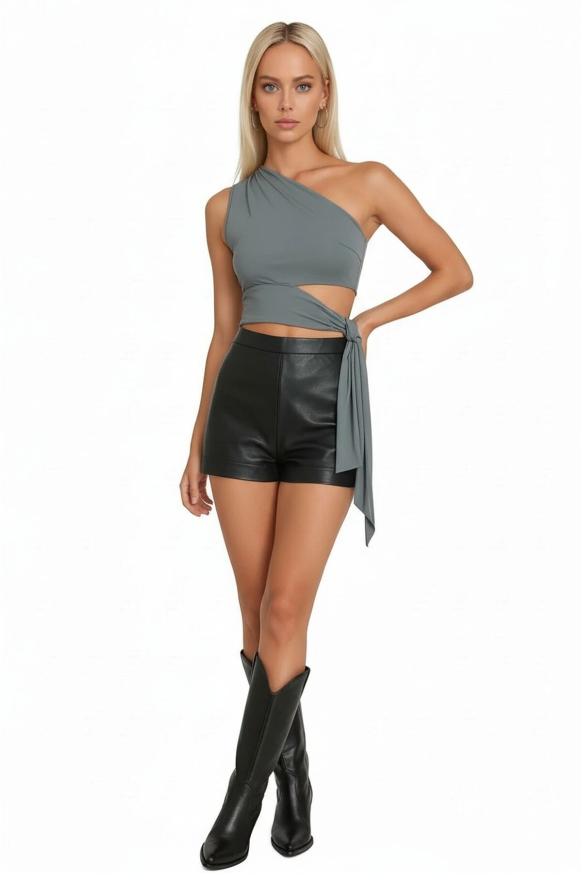 Kadın Belden Bağlama Detay Tek Kol Omzu Açık Spor Şık Rahat Kalıp Croptop Bluz