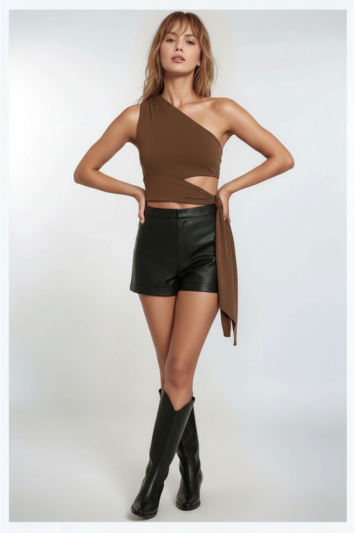 Kadın Belden Bağlama Detay Tek Kol Omzu Açık Spor Şık Rahat Kalıp Croptop Bluz