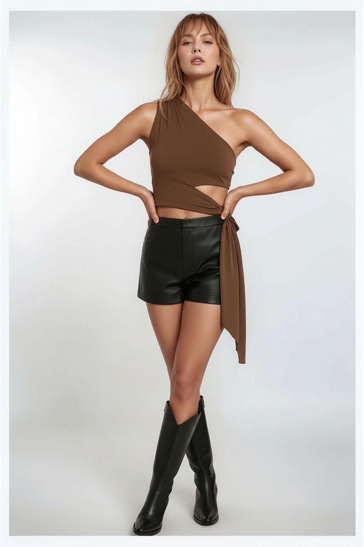 Kadın Belden Bağlama Detay Tek Kol Omzu Açık Spor Şık Rahat Kalıp Croptop Bluz