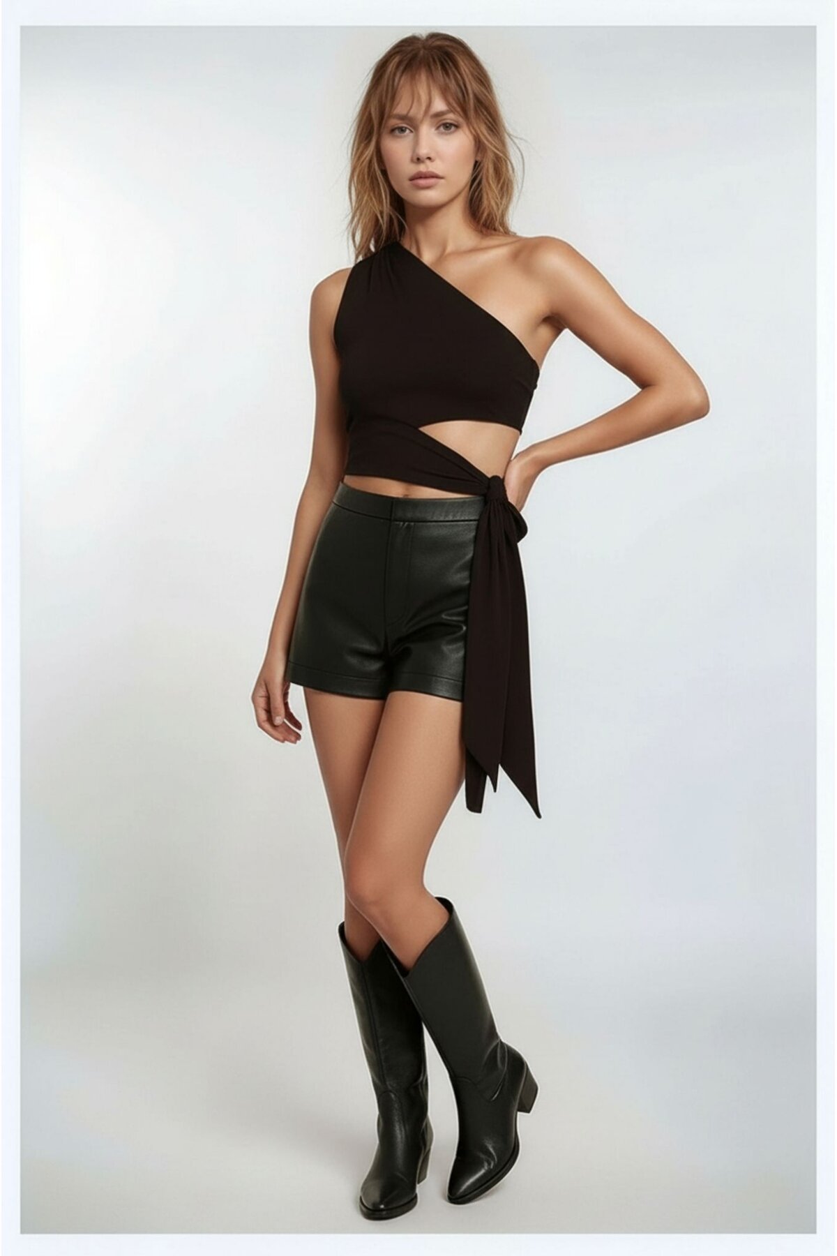 Kadın Belden Bağlama Detay Tek Kol Omzu Açık Spor Şık Rahat Kalıp Croptop Bluz