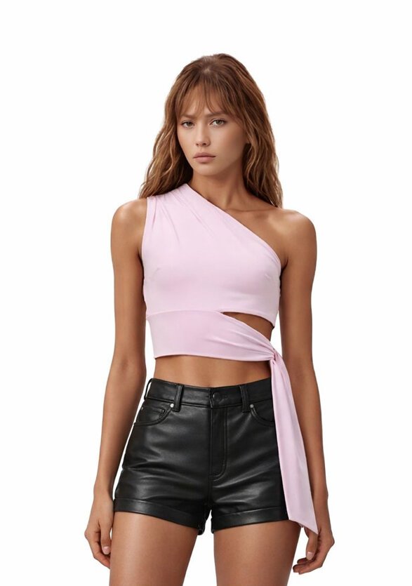 Kadın Belden Bağlama Detay Tek Kol Omzu Açık Spor Şık Rahat Kalıp Croptop Bluz