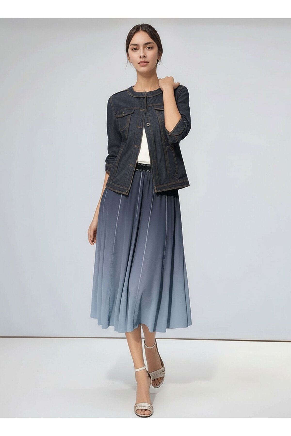 Kadın Beli Lastikli Simli Tül Midi Boy Curve Spor Şık Lacivert Etek