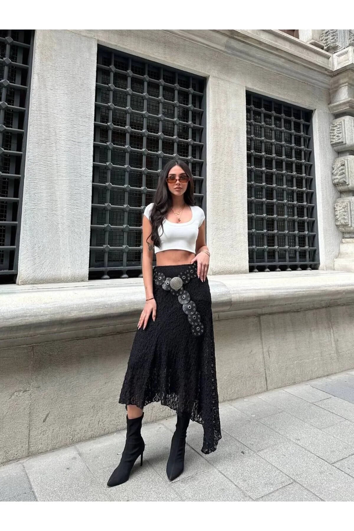 Kadın Beli Lastikli Tam Esnek Dantel Güpürlü Asimetrik Kesim Yüksek Bel Şık Midi Boy Tasarım Etek