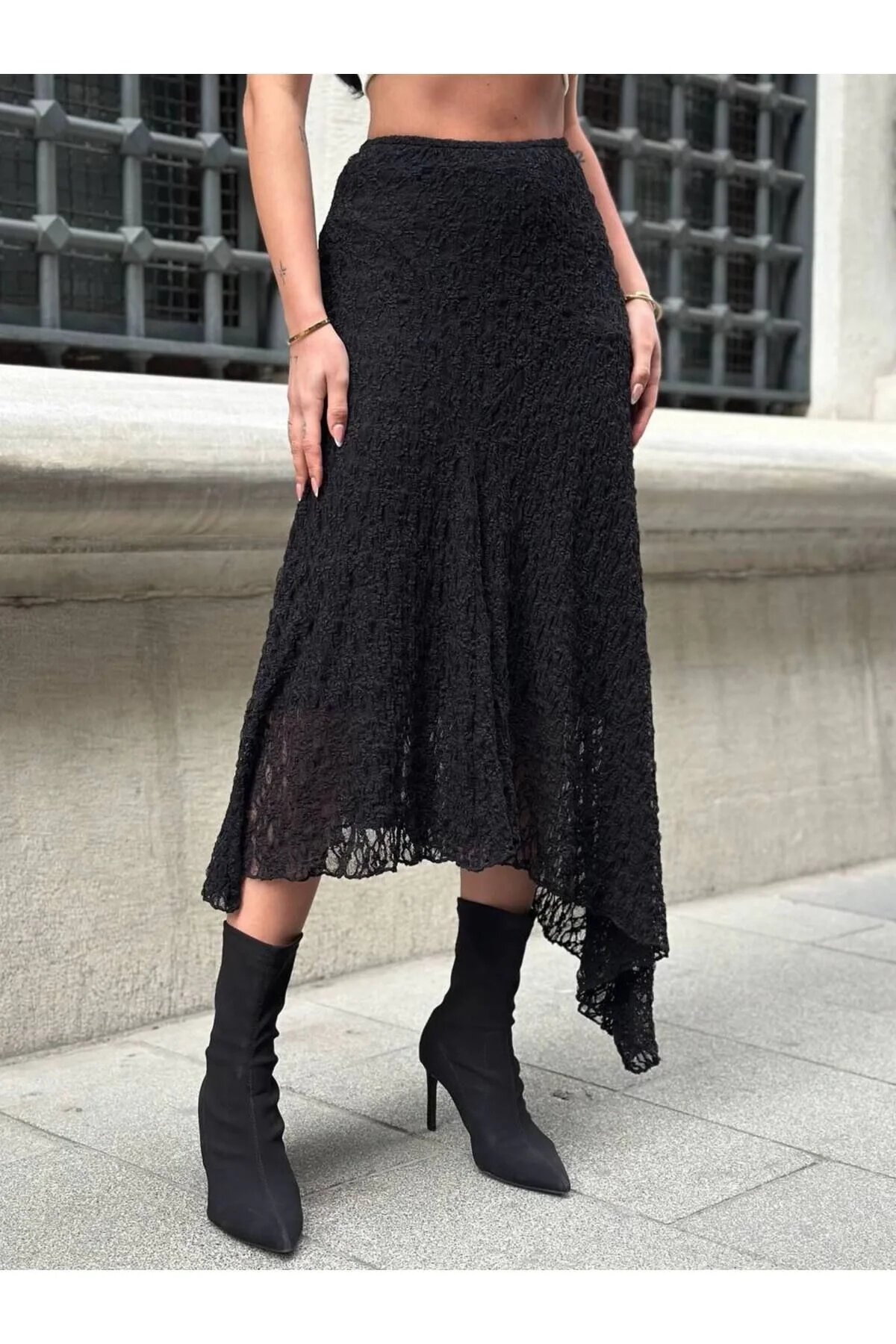 Kadın Beli Lastikli Tam Esnek Dantel Güpürlü Asimetrik Kesim Yüksek Bel Şık Midi Boy Tasarım Etek