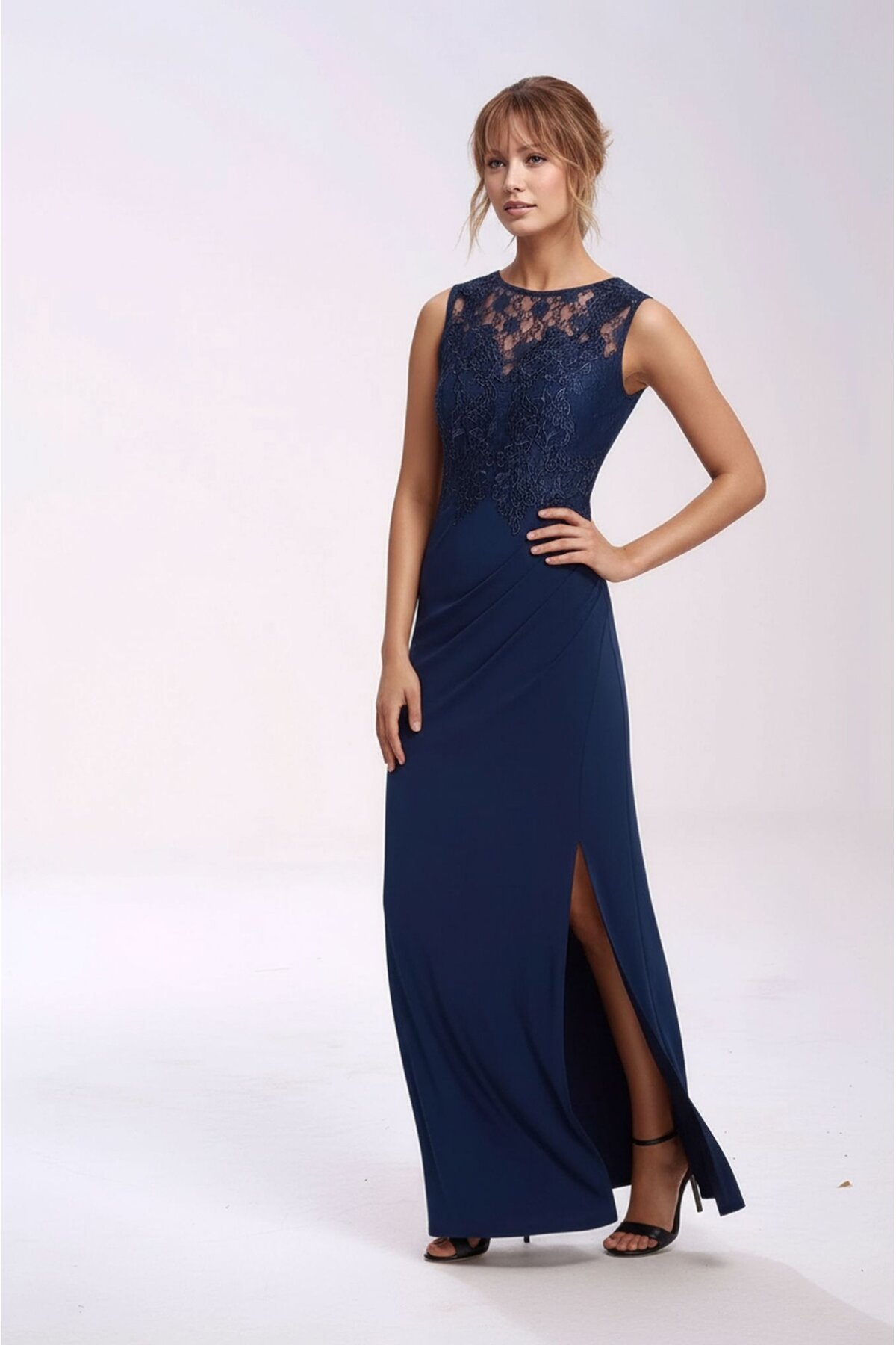 Kadın Bisiklet Dantel Yaka Sırtı Büzgülü Maxi Boy Şık Abiye Gece Elbisesi