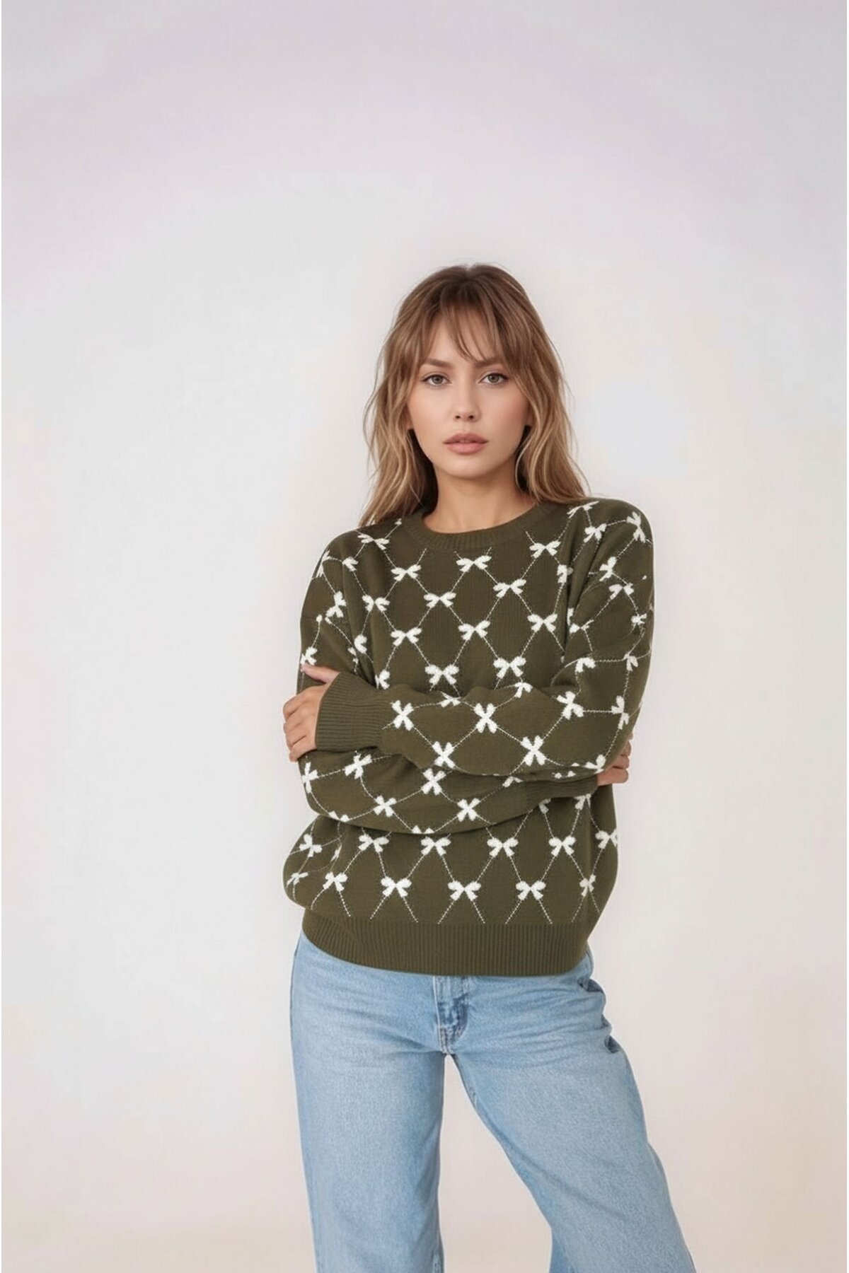 Kadın Bisiklet Yaka Basic Uzun Kol Yaka Kurdele Desenli Spor Şık Triko Kazak