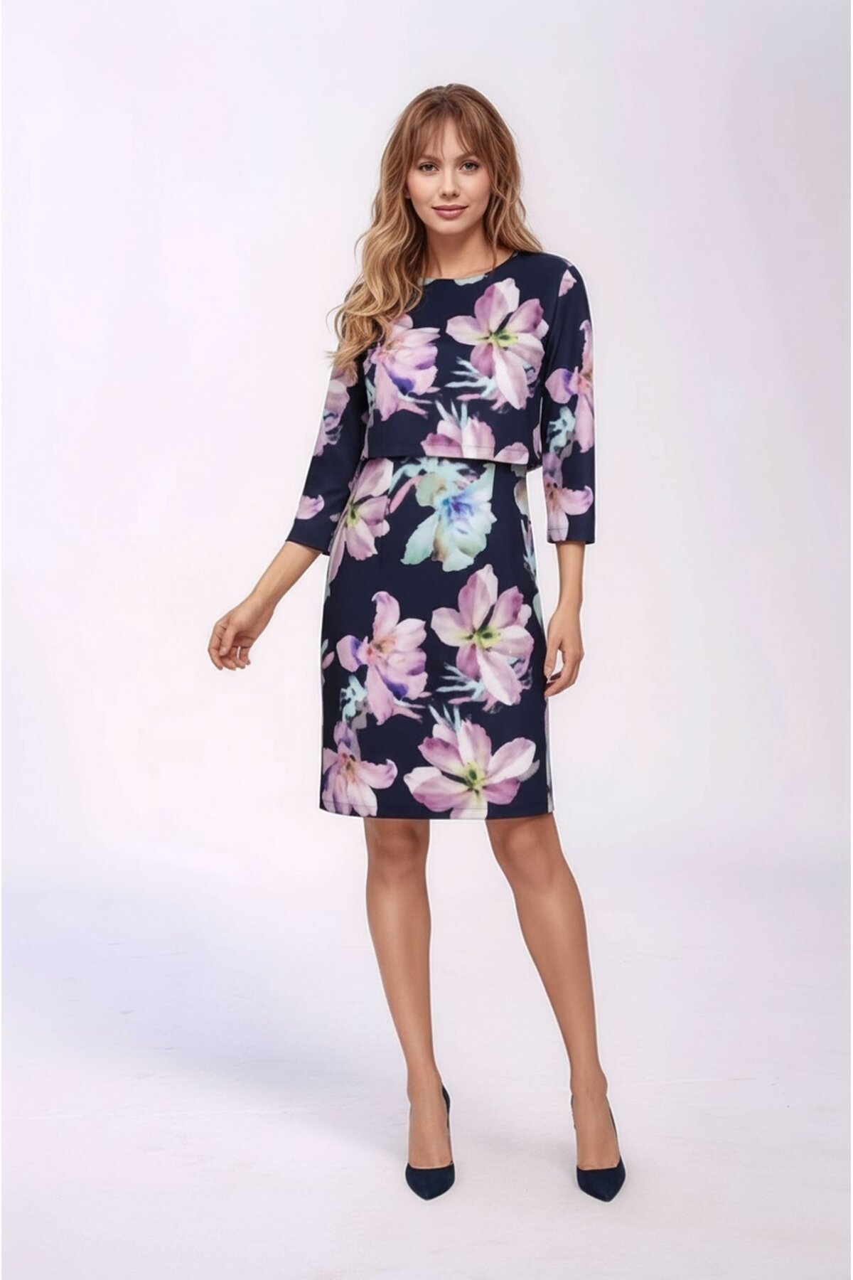 Kadın Bisiklet Yaka Çiçek Desenli Truvakar Kol Tasarım Spor Şık Büyük Beden Curve Elbise