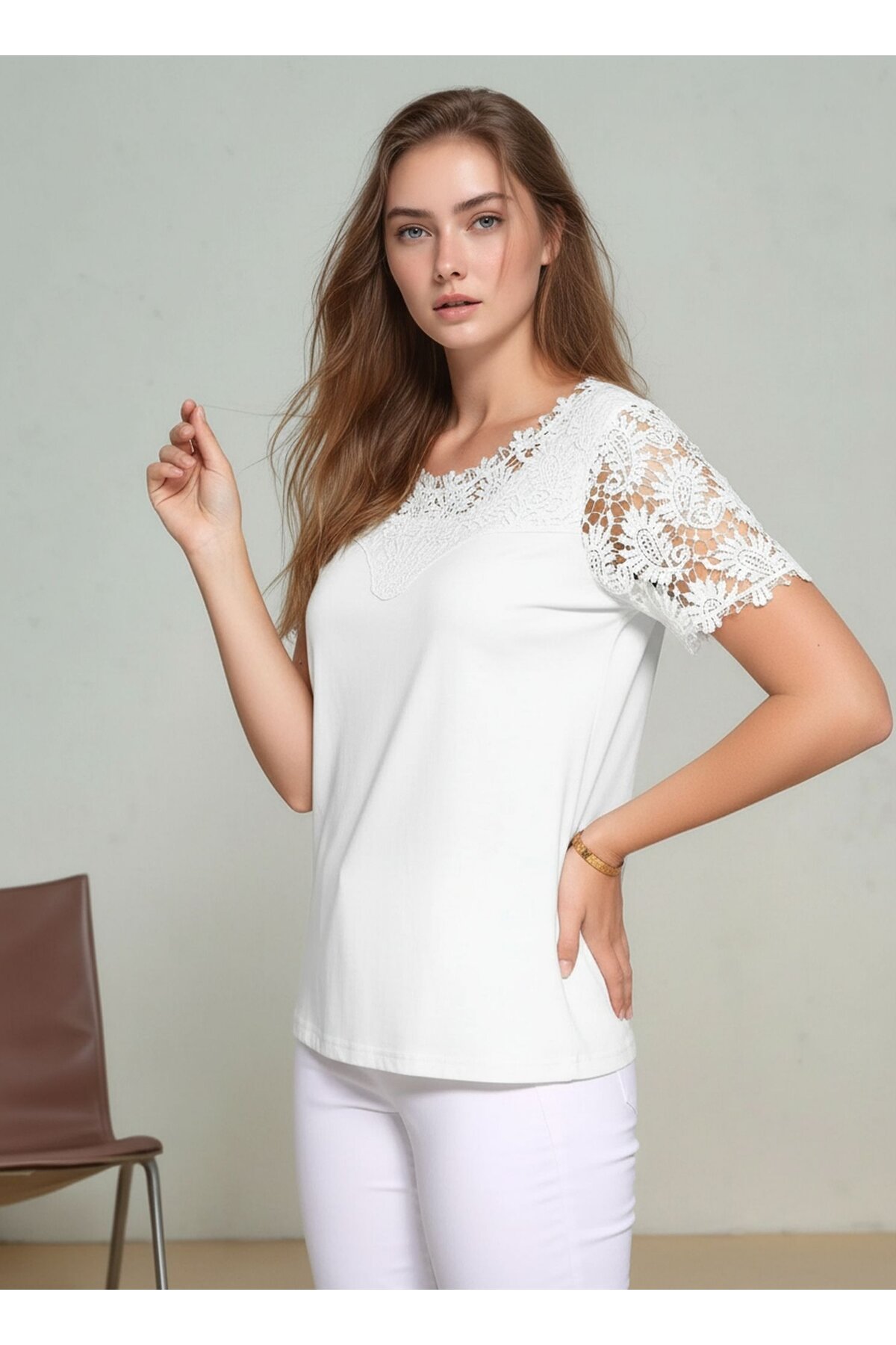 Kadın Bisiklet Yaka Dantel Yarım Kol Spor Şık Büyük Beden Curve Pamuk Bluz