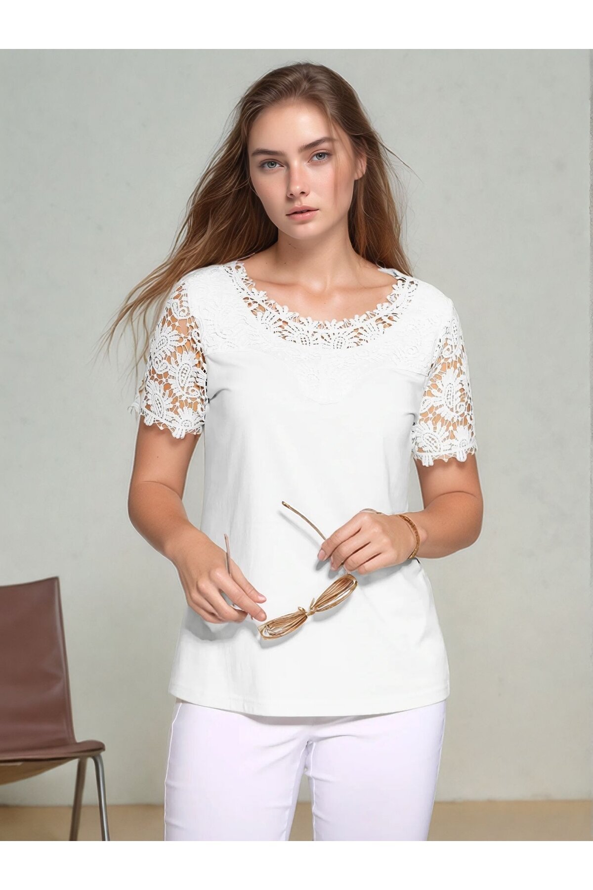 Kadın Bisiklet Yaka Dantel Yarım Kol Spor Şık Büyük Beden Curve Pamuk Bluz