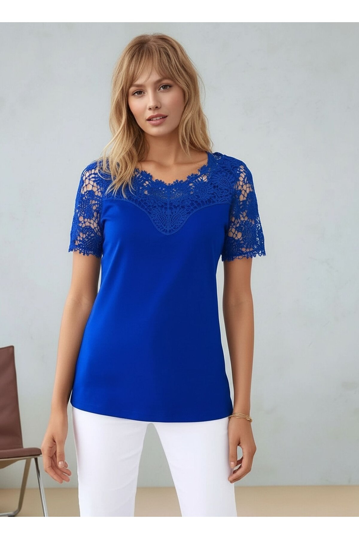 Kadın Bisiklet Yaka Dantel Yarım Kol Spor Şık Büyük Beden Curve Pamuk Bluz