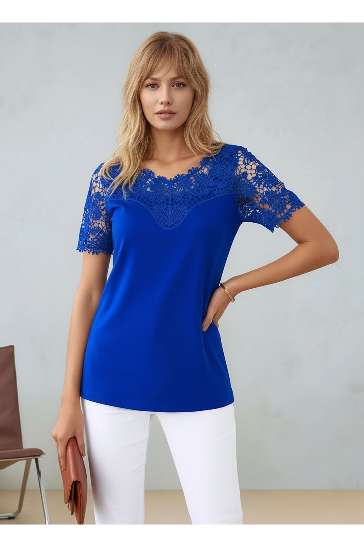 Kadın Bisiklet Yaka Dantel Yarım Kol Spor Şık Büyük Beden Curve Pamuk Bluz