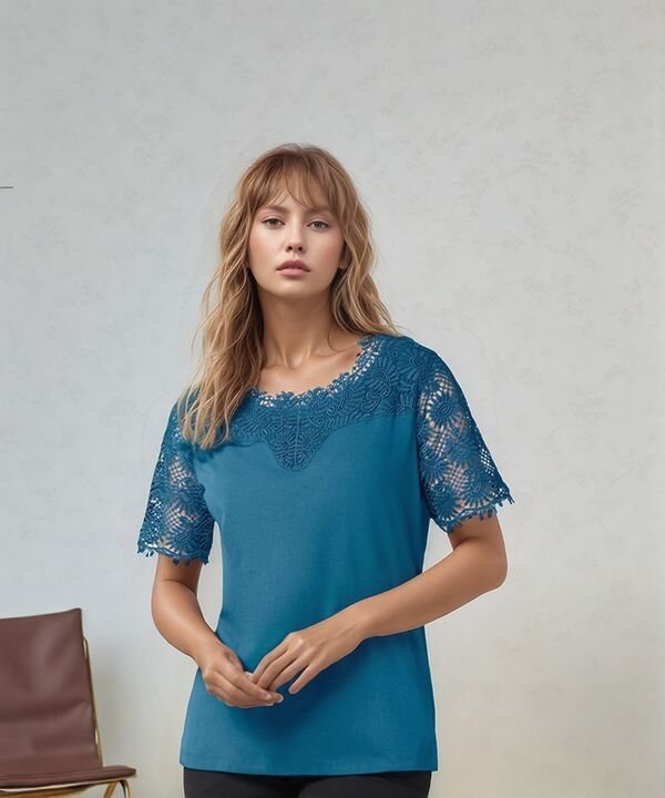 Kadın Bisiklet Yaka Dantel Yarım Kol Spor Şık Büyük Beden Curve Pamuk Bluz