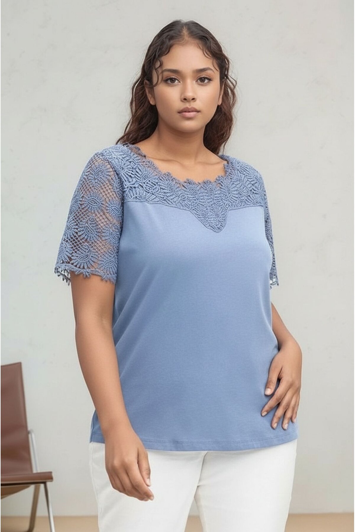 Kadın Bisiklet Yaka Dantel Yarım Kol Spor Şık Büyük Beden Curve Pamuk Bluz