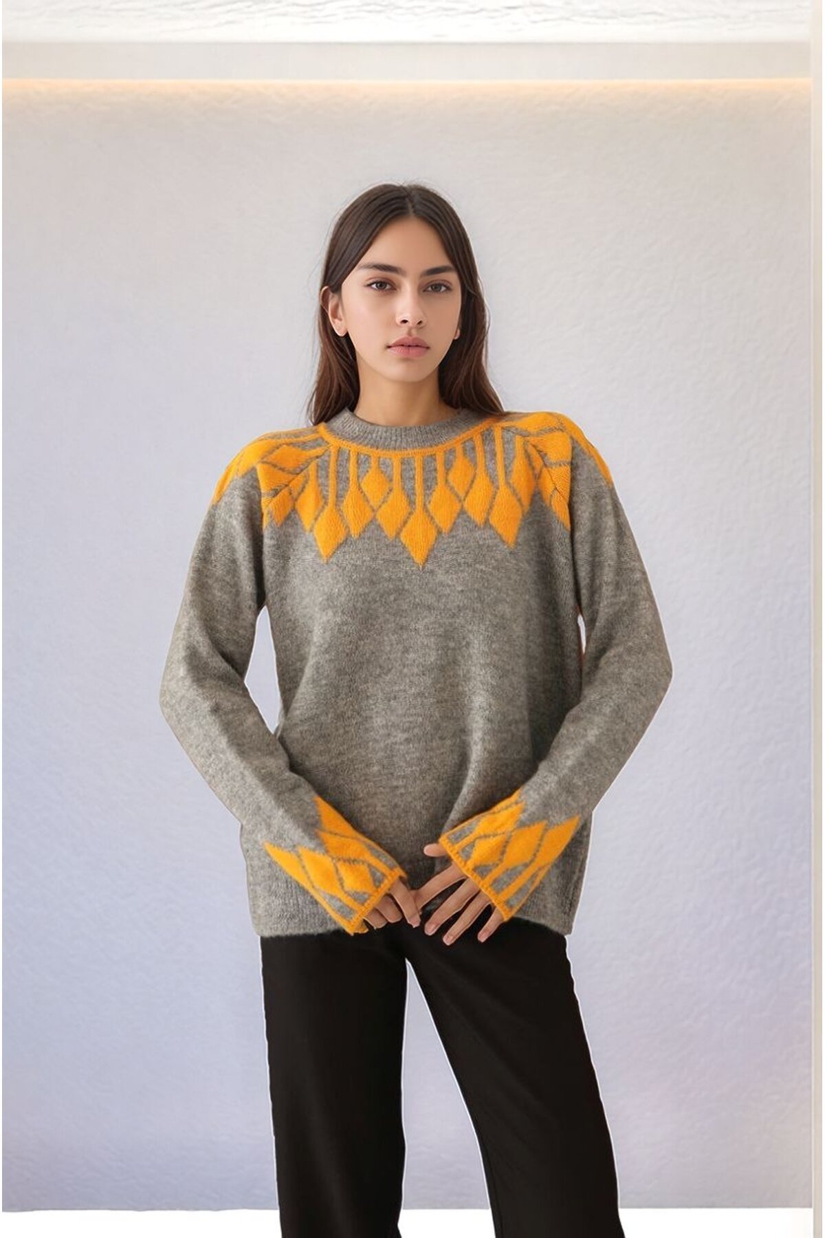 Kadın Bisiklet Yaka Desenli Uzun Kol Spor Şık Triko Kazak Tesettüre Uygun