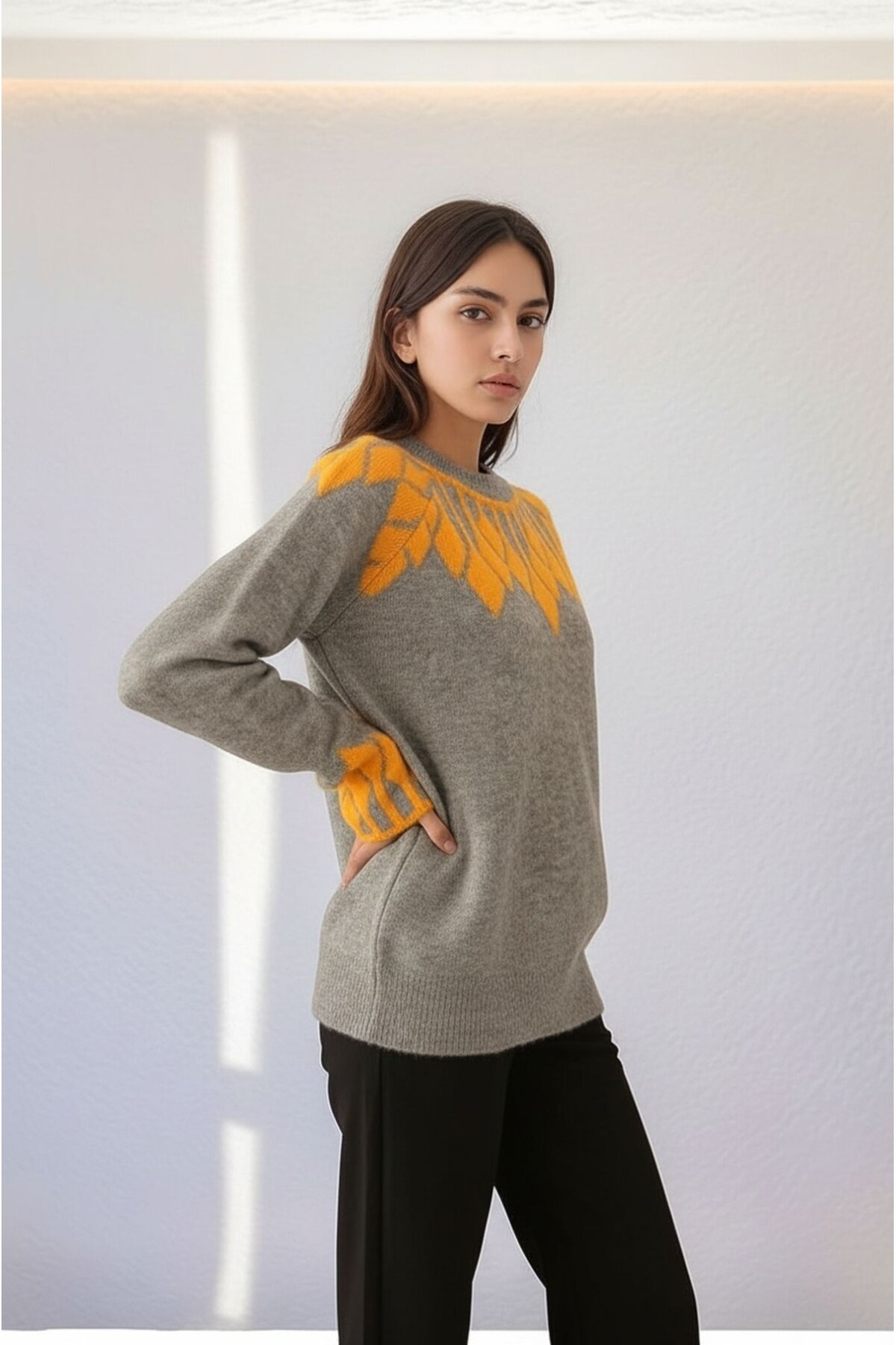 Kadın Bisiklet Yaka Desenli Uzun Kol Spor Şık Triko Kazak Tesettüre Uygun