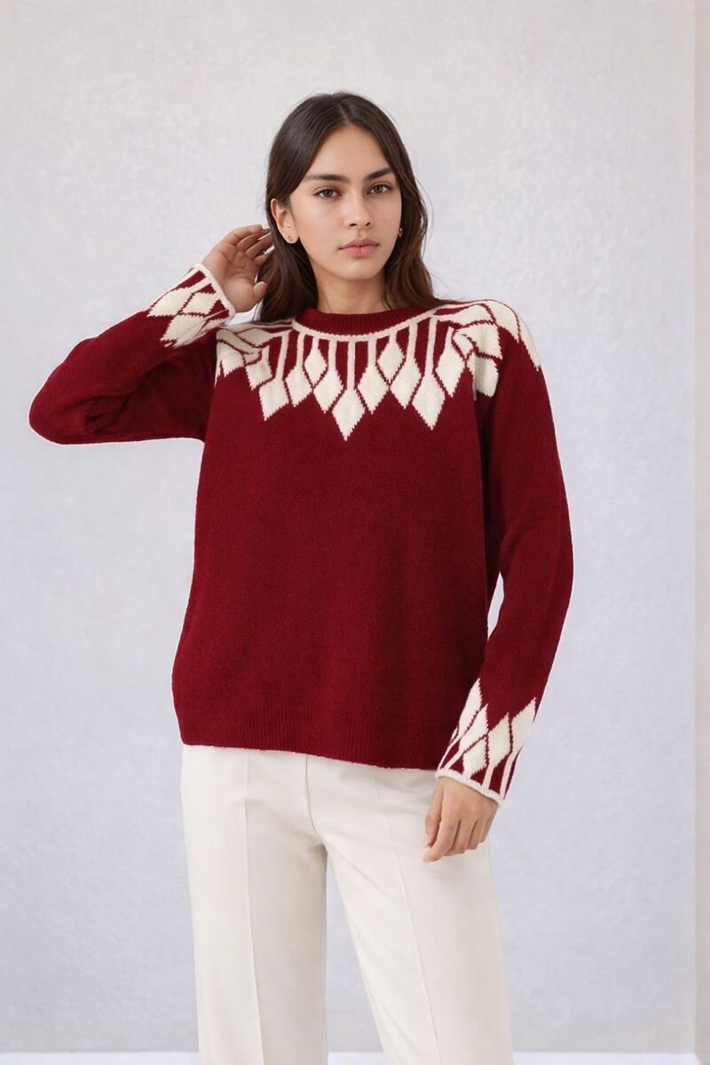 Kadın Bisiklet Yaka Desenli Uzun Kol Spor Şık Triko Kazak Tesettüre Uygun