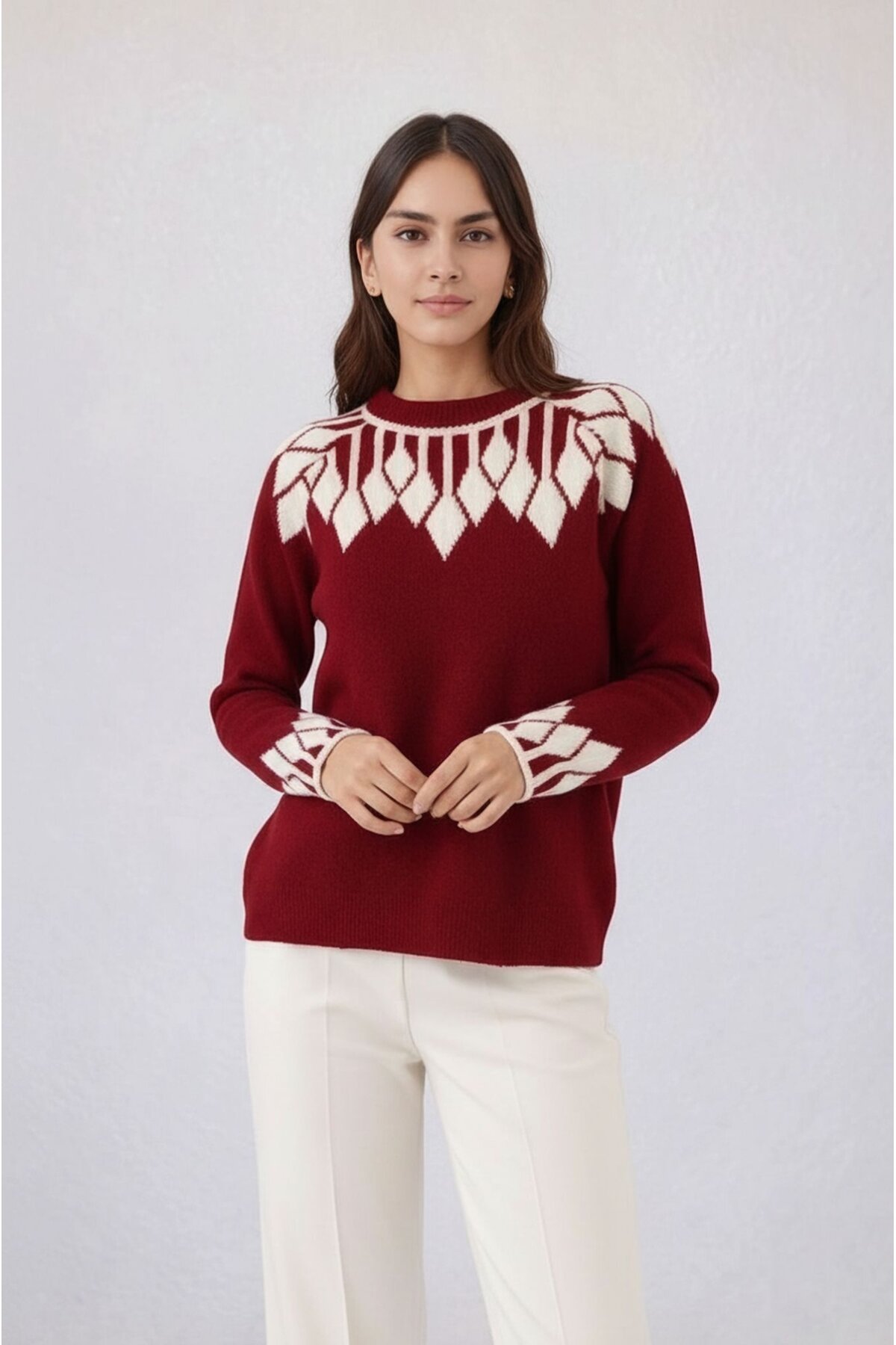 Kadın Bisiklet Yaka Desenli Uzun Kol Spor Şık Triko Kazak Tesettüre Uygun