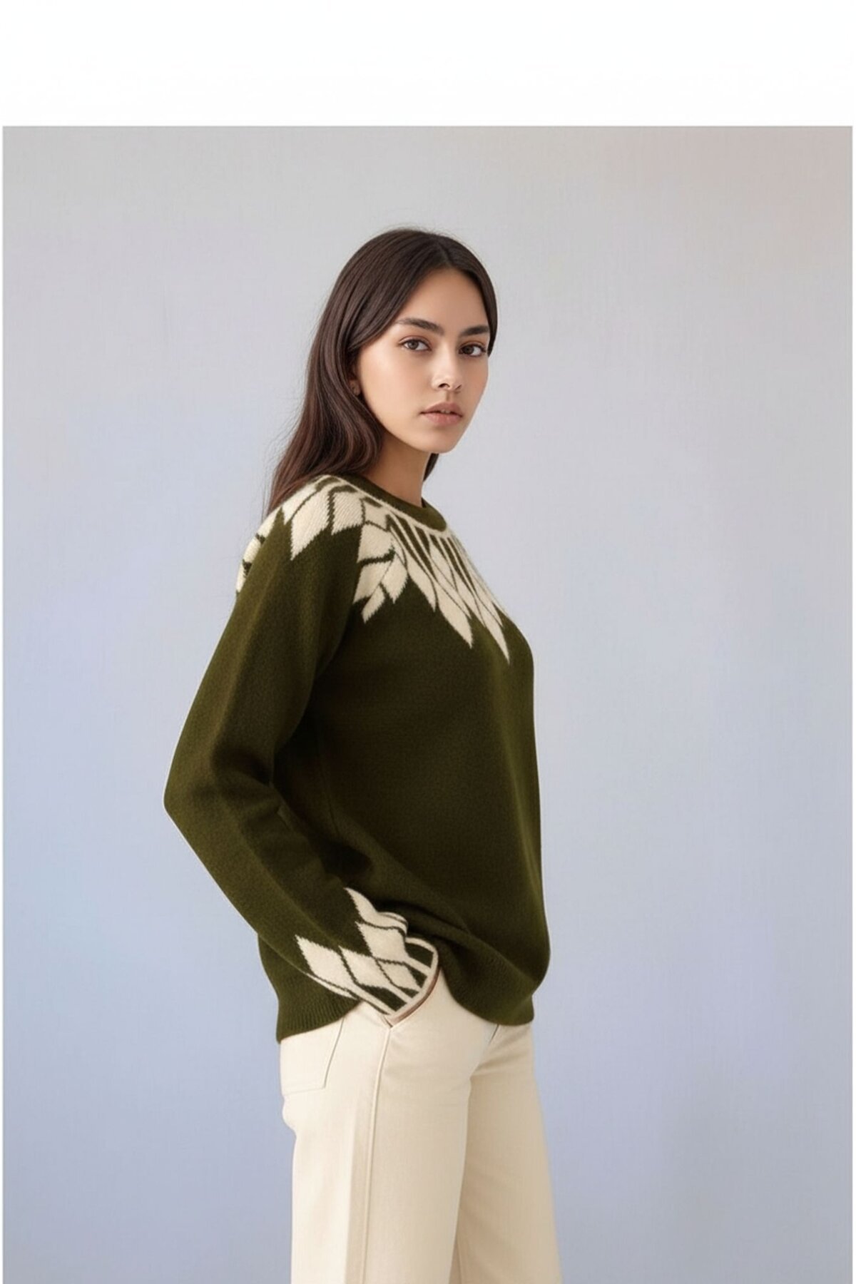 Kadın Bisiklet Yaka Desenli Uzun Kol Spor Şık Triko Kazak Tesettüre Uygun