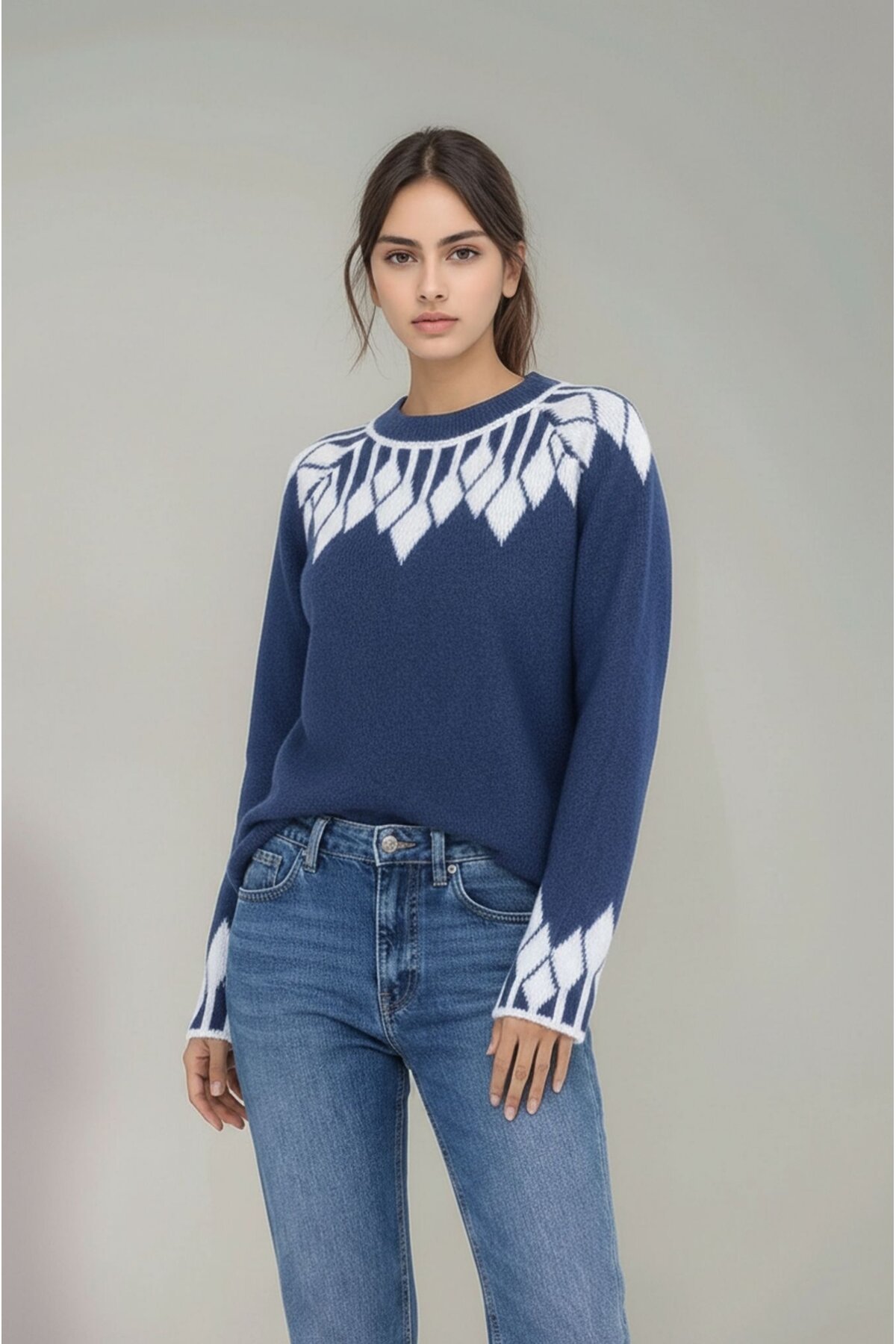 Kadın Bisiklet Yaka Desenli Uzun Kol Spor Şık Triko Kazak Tesettüre Uygun