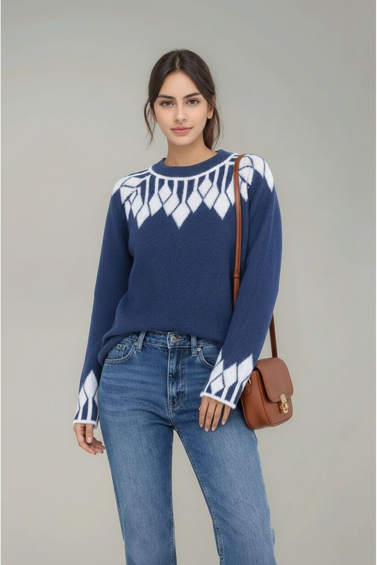 Kadın Bisiklet Yaka Desenli Uzun Kol Spor Şık Triko Kazak Tesettüre Uygun