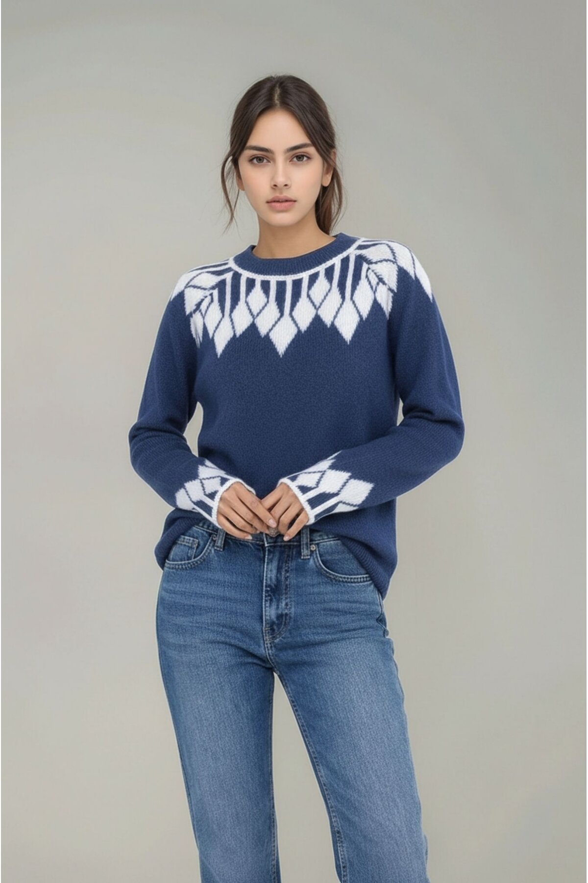 Kadın Bisiklet Yaka Desenli Uzun Kol Spor Şık Triko Kazak Tesettüre Uygun