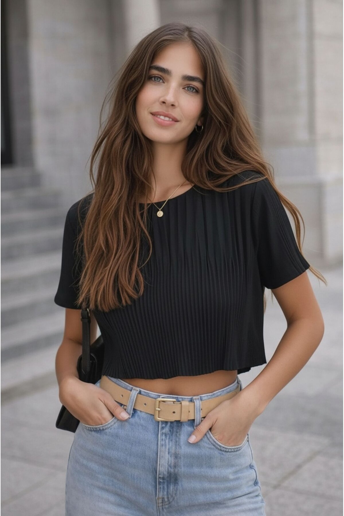 Kadın Bisiklet Yaka Dokulu Kısa Kol Akordiyon Model Tasarım Spor Şık Crop Boy Bluz