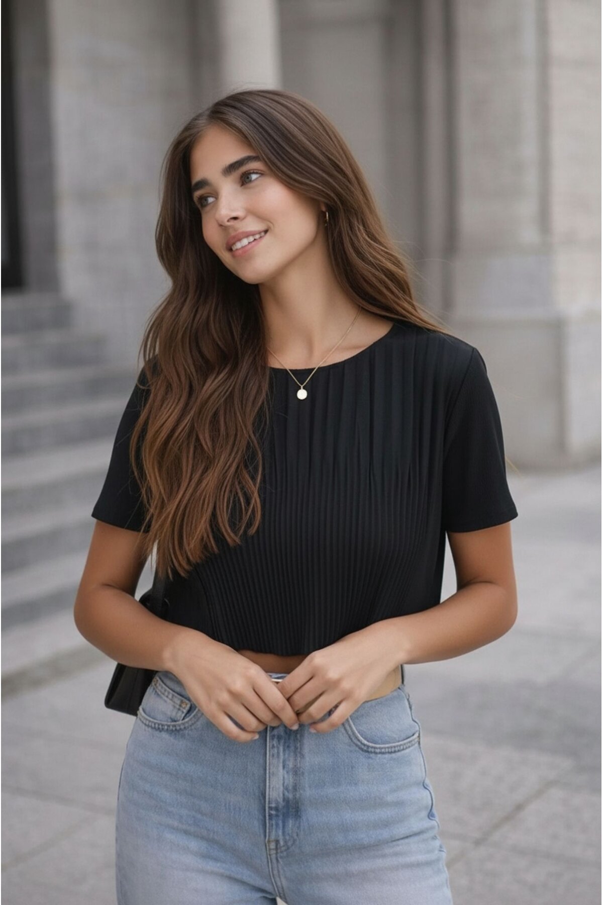 Kadın Bisiklet Yaka Dokulu Kısa Kol Akordiyon Model Tasarım Spor Şık Crop Boy Bluz