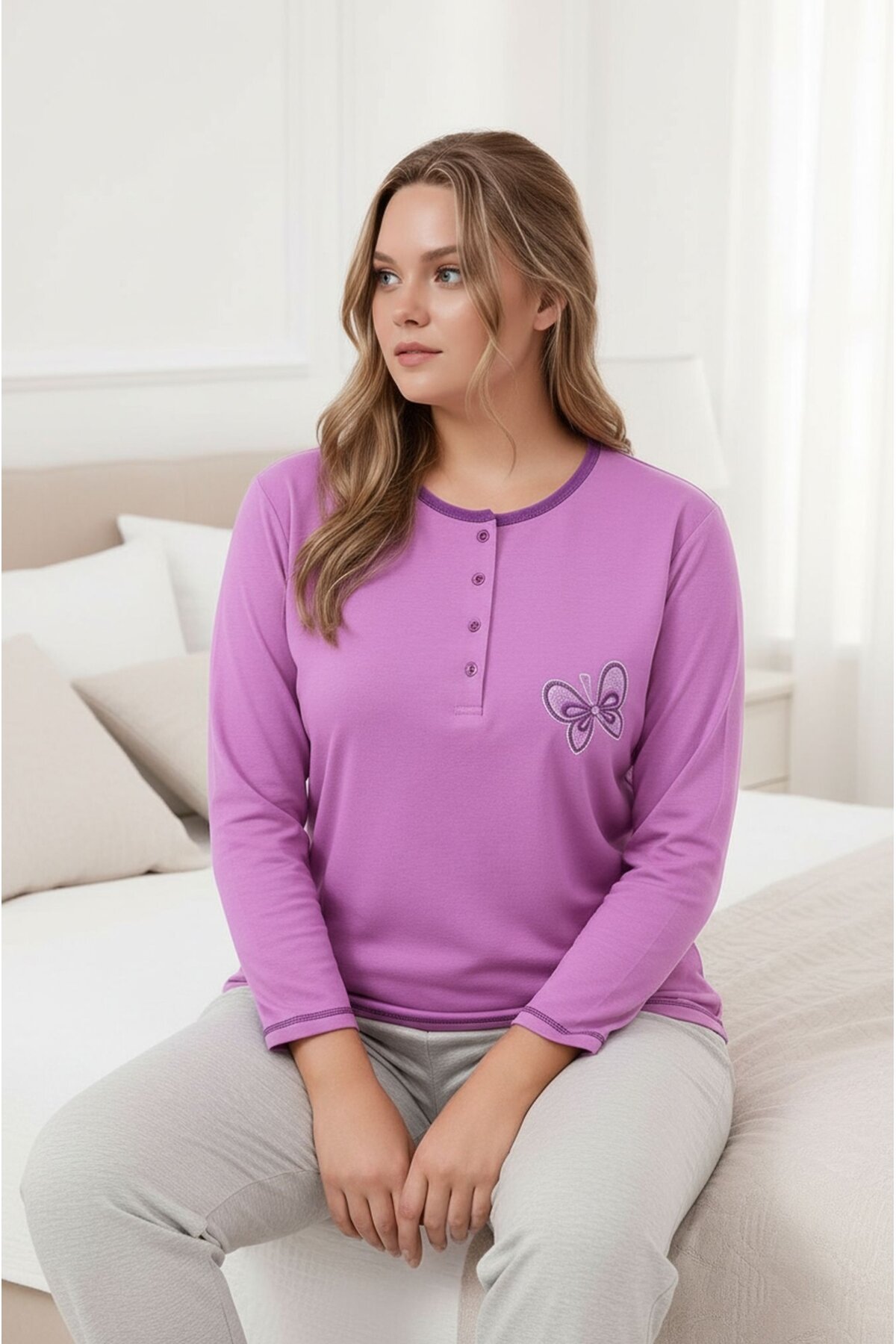 Kadın Bisiklet Yaka Düğmeli Kelebek Nakışlı Uzun Kol Büyük Beden Pamuk Curve Gecelik