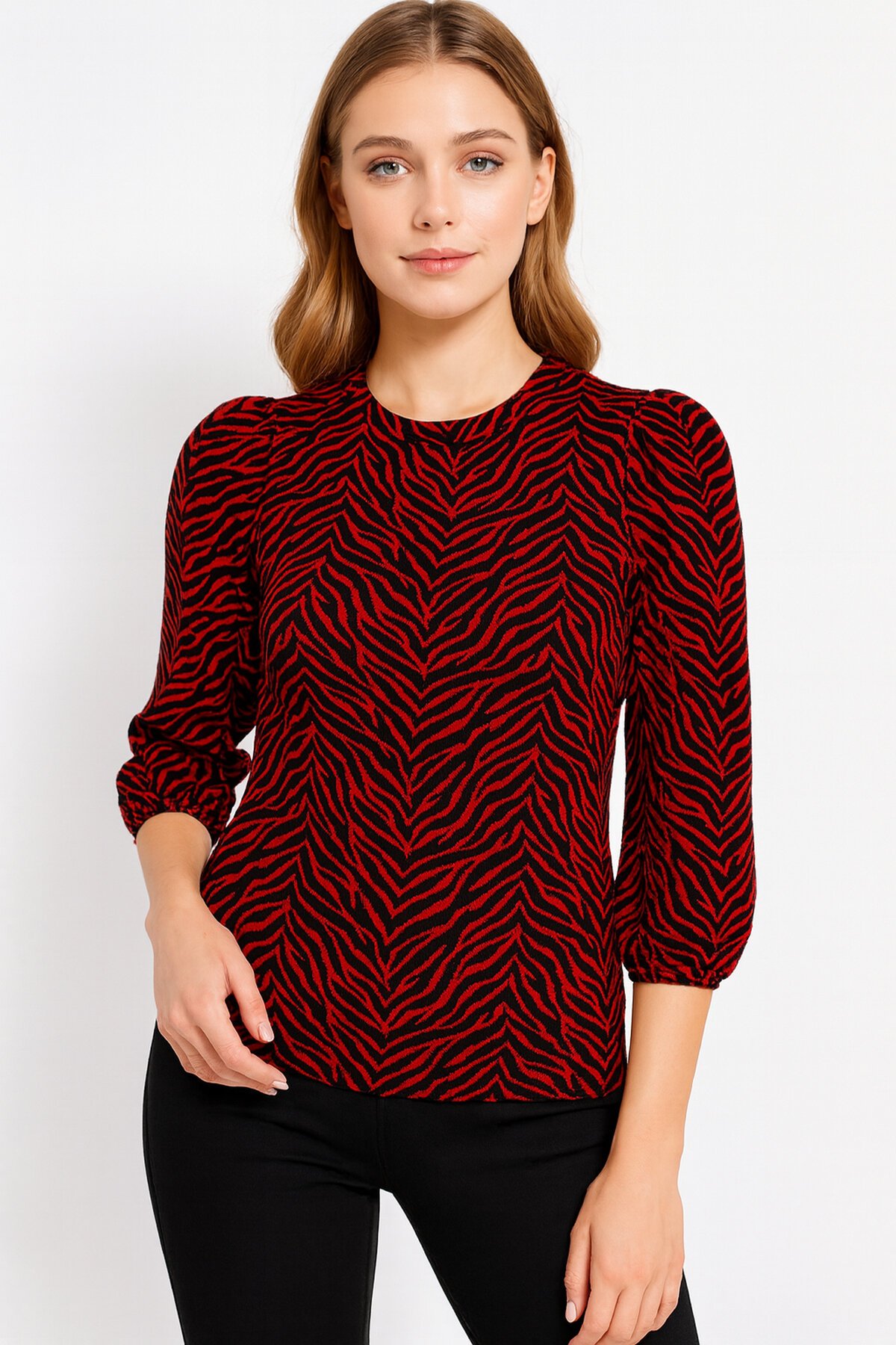 Kadın Bisiklet Yaka Esnek Desenli Spor Şık Truvakar Kol Bluz