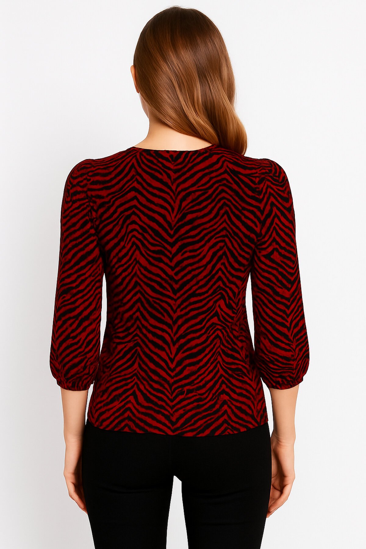 Kadın Bisiklet Yaka Esnek Desenli Spor Şık Truvakar Kol Bluz