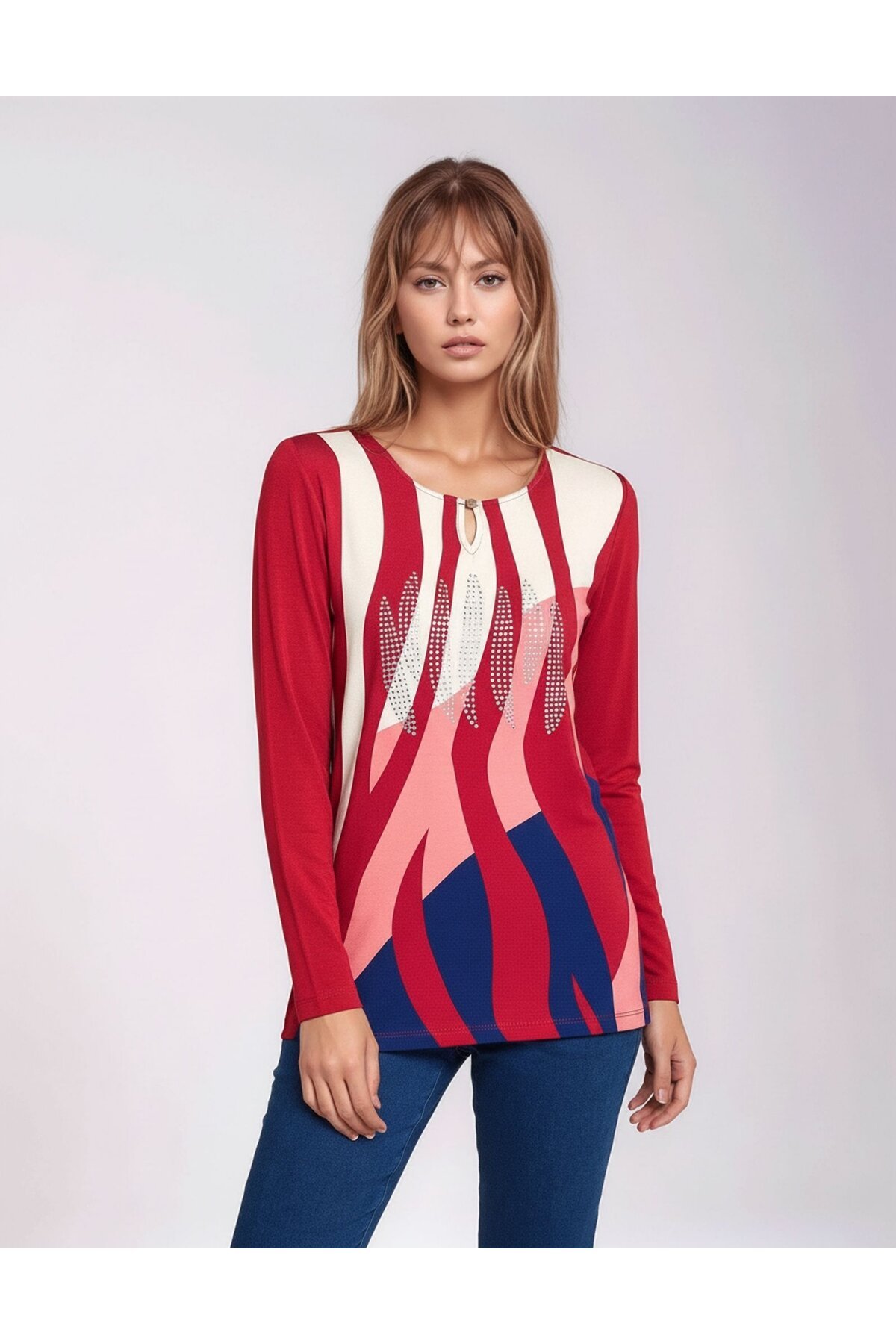 Kadın Bisiklet Yaka Esnek Desenli Taşlı Viskon Uzun Kol Curve Büyük Beden Bluz
