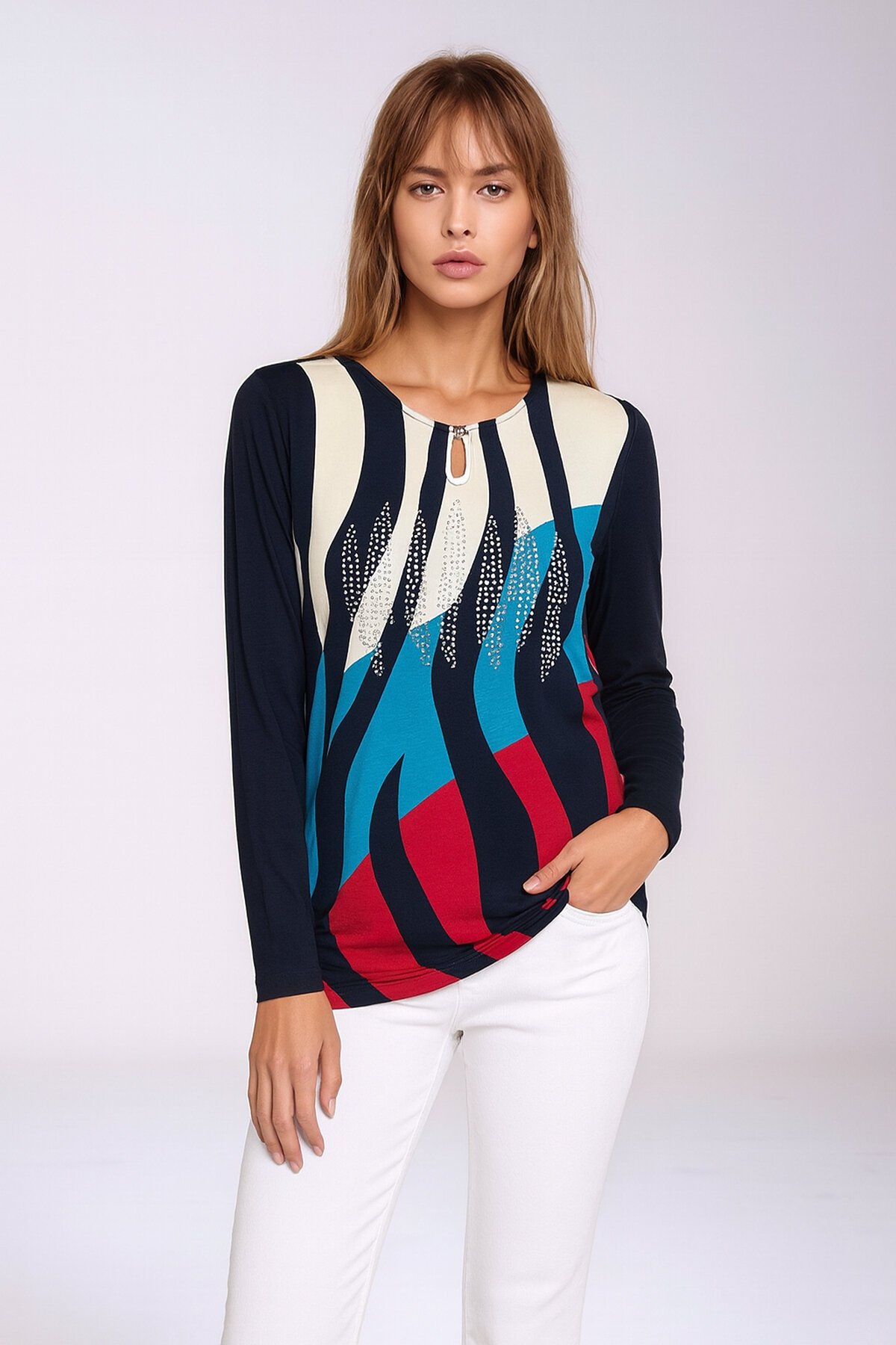 Kadın Bisiklet Yaka Esnek Desenli Taşlı Viskon Uzun Kol Curve Büyük Beden Bluz