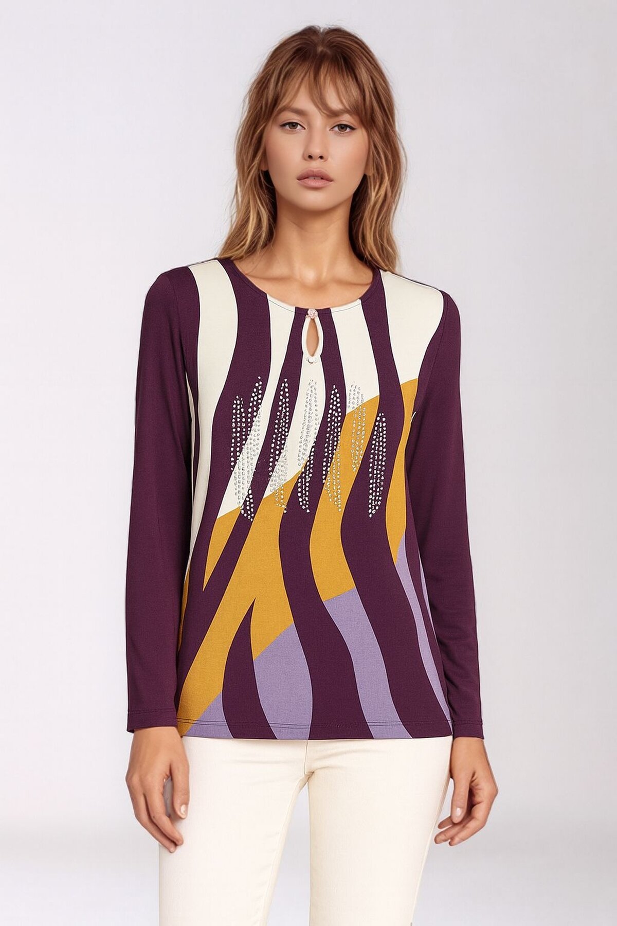 Kadın Bisiklet Yaka Esnek Desenli Taşlı Viskon Uzun Kol Curve Büyük Beden Bluz