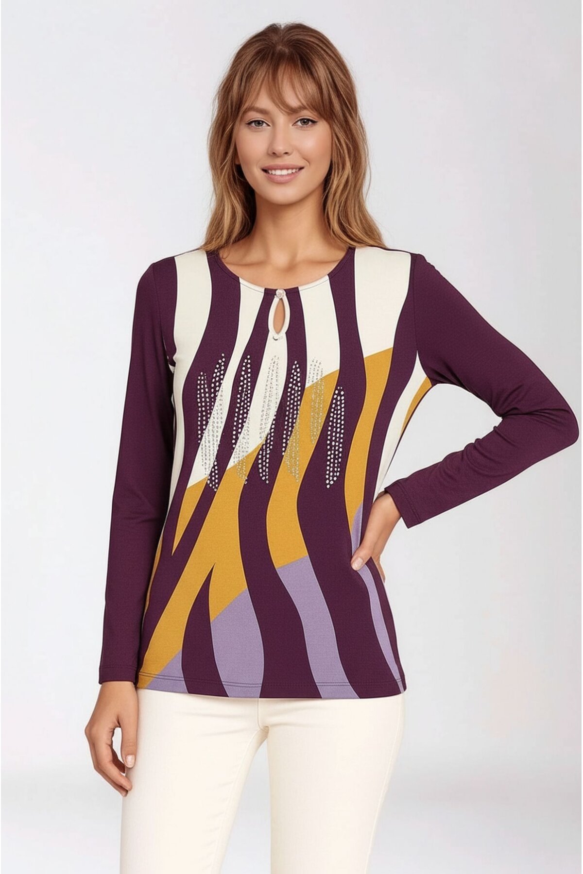 Kadın Bisiklet Yaka Esnek Desenli Taşlı Viskon Uzun Kol Curve Büyük Beden Bluz
