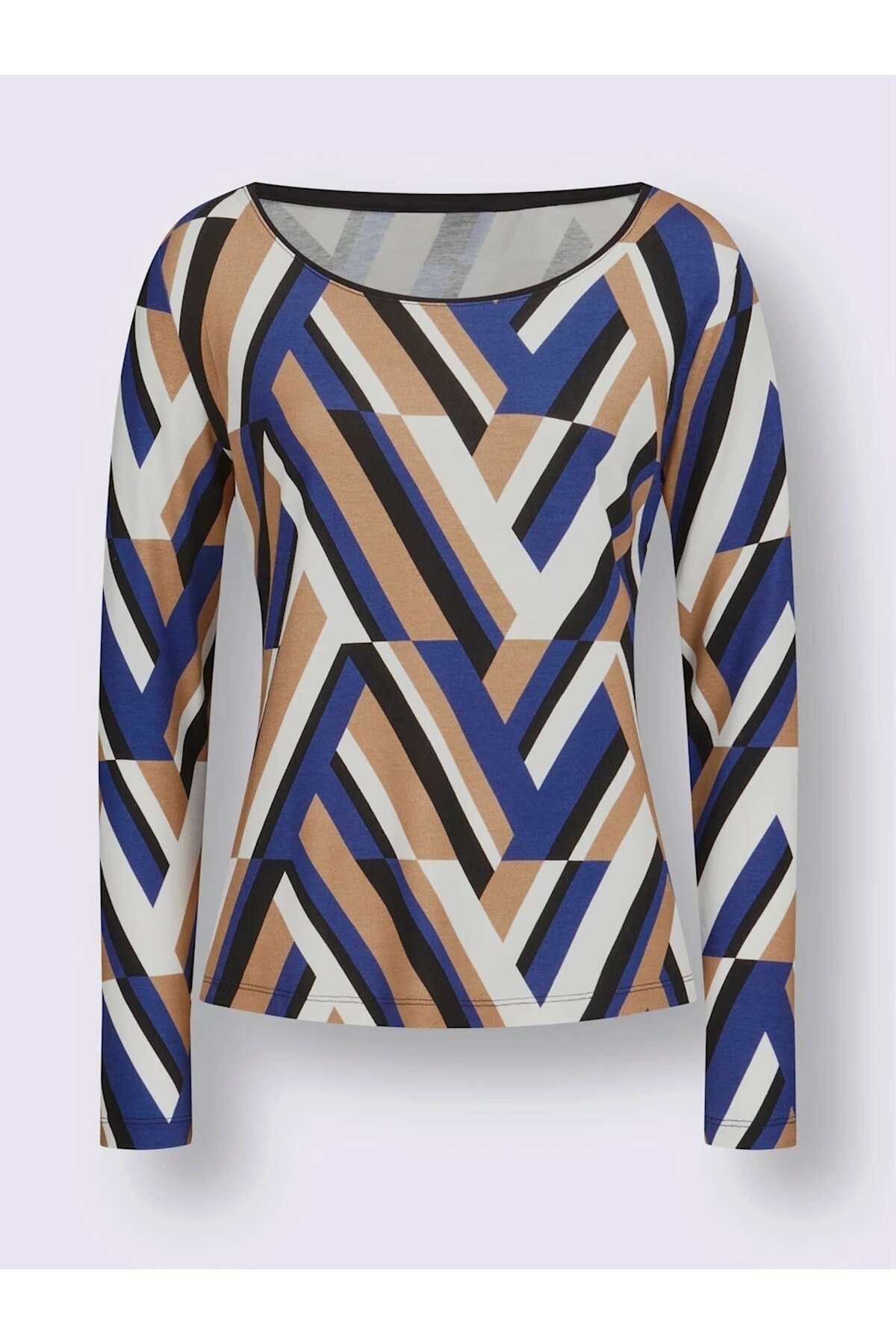 Kadın Bisiklet Yaka Esnek Desenli Viskon Uzun Kol Curve Büyük Beden Bluz