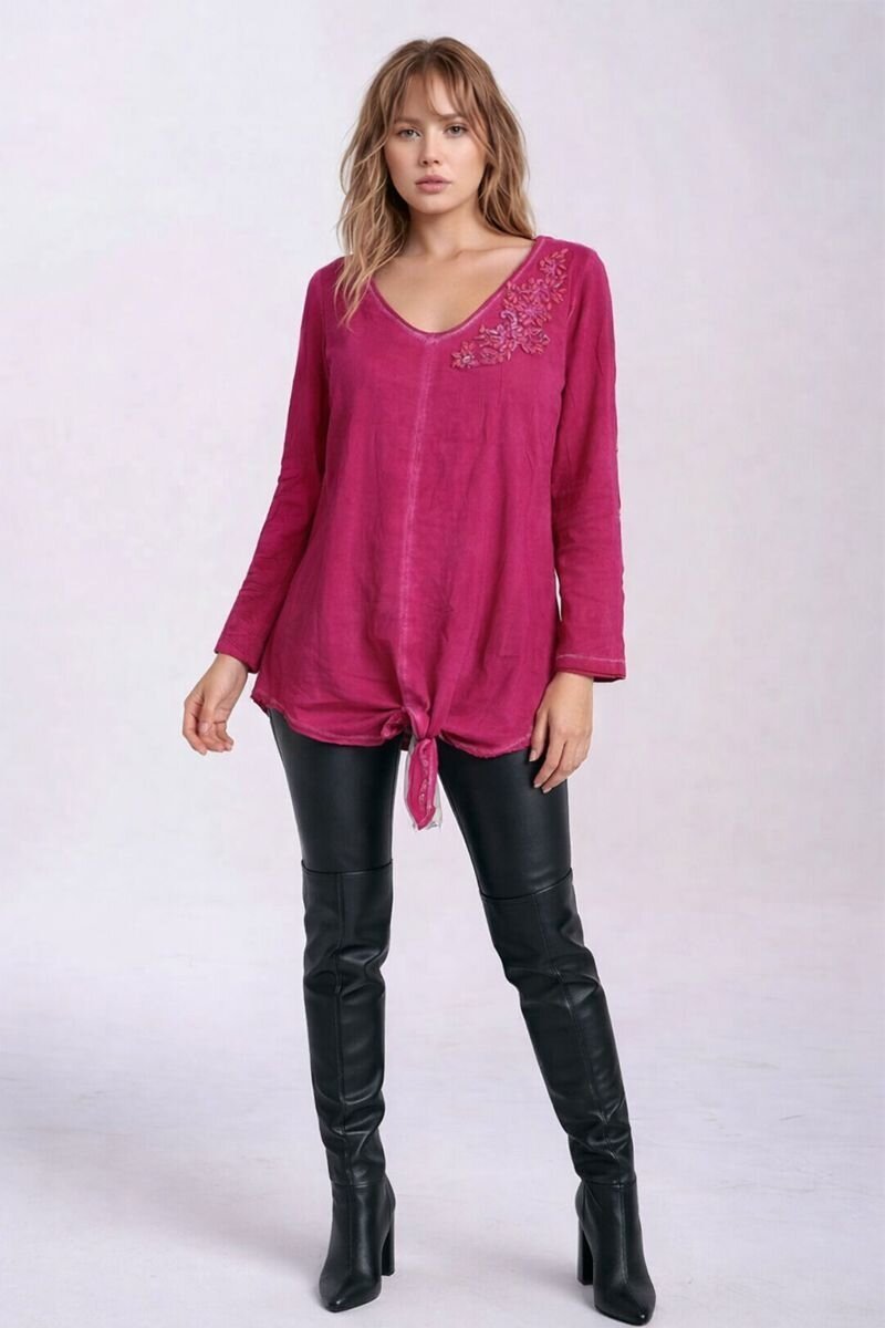 Kadın Bisiklet Yakası Taşlı %100 Cotton Viskon Uzun Kol Curve Büyük Beden Bluz