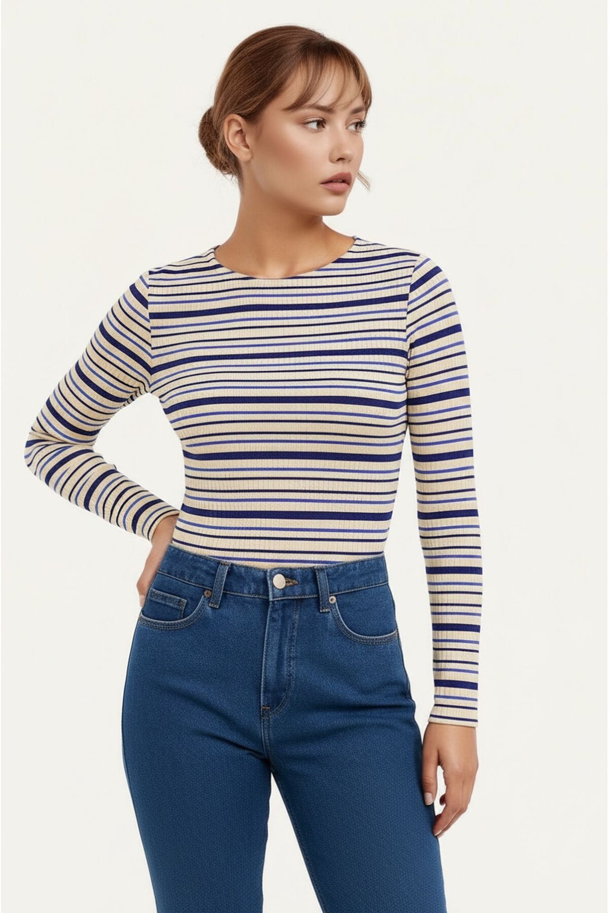 Kadın Bisiklet Yaka Full Esnek Çizgili Comfort Spor Şık Tasarım Yumoş Bluz