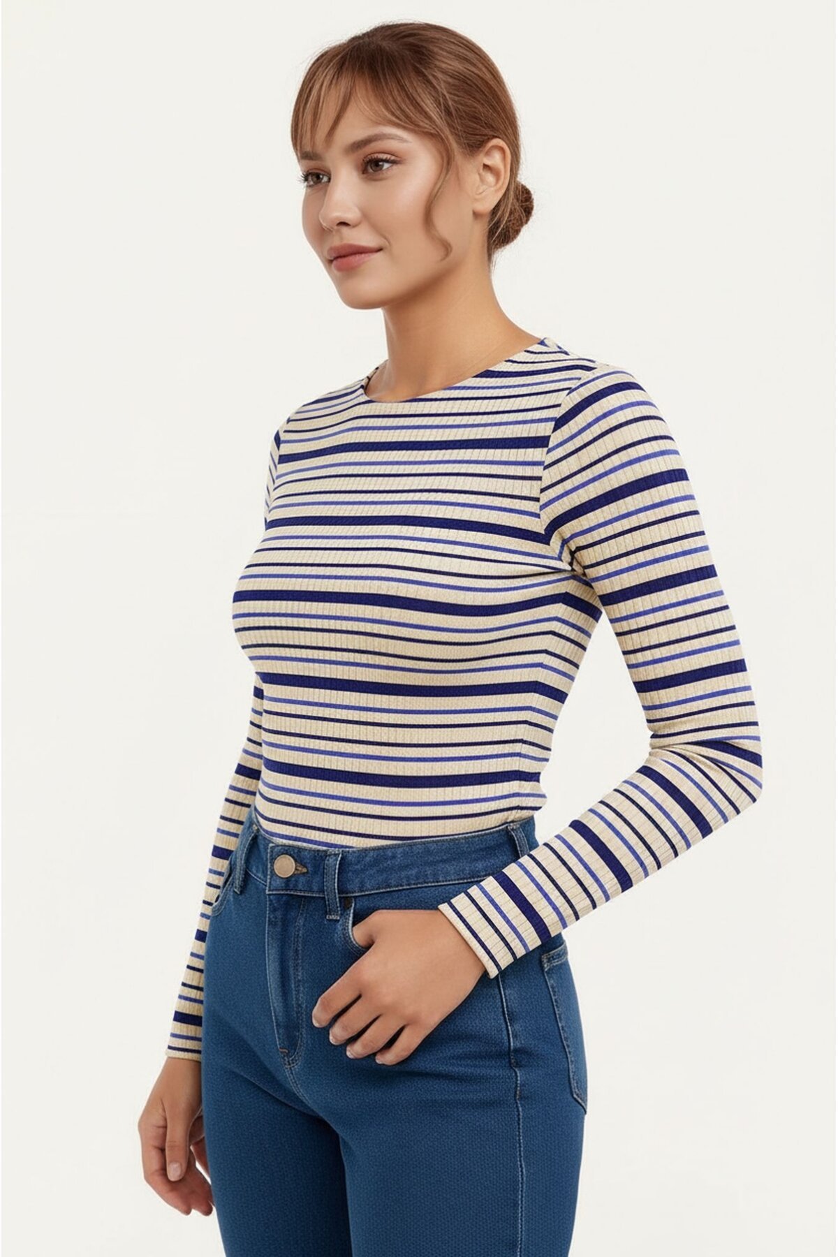 Kadın Bisiklet Yaka Full Esnek Çizgili Comfort Spor Şık Tasarım Yumoş Bluz