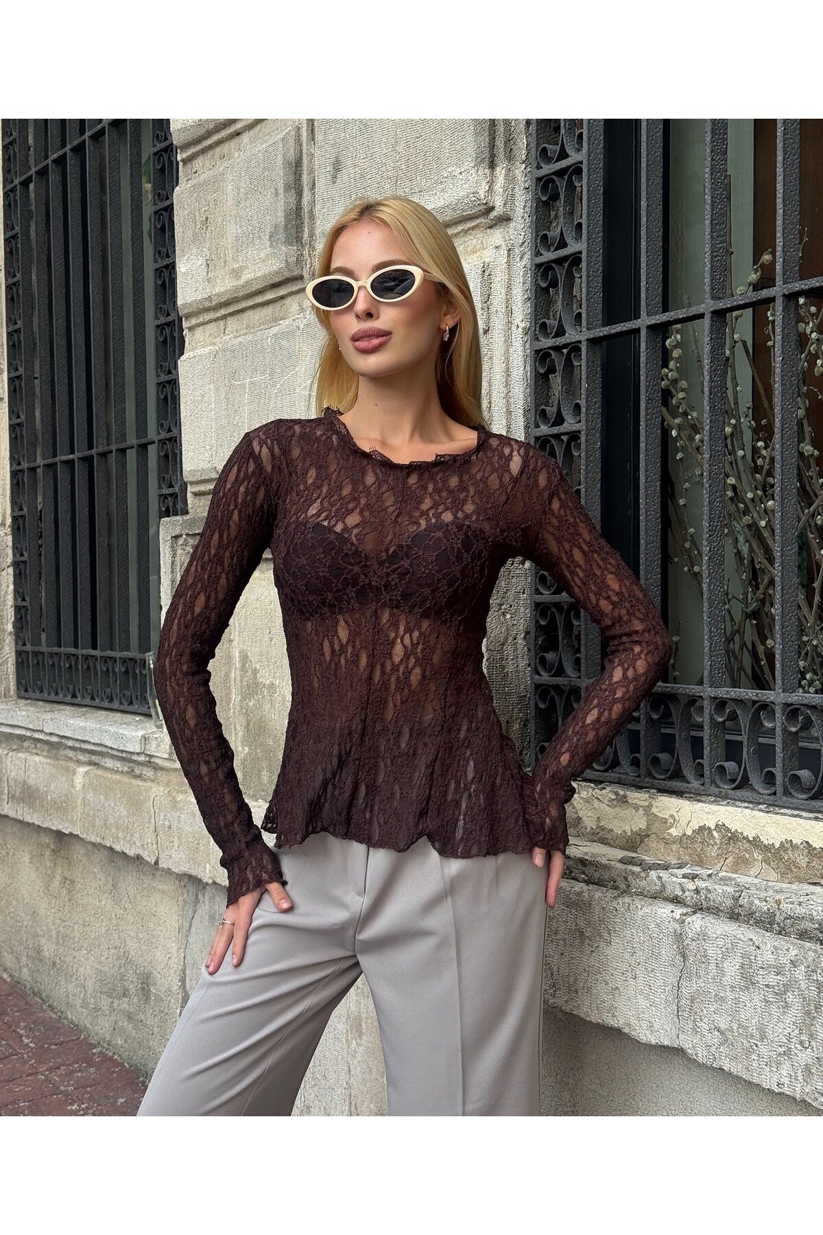 Kadın Bisiklet Yaka Full Esnek Dantel Bürümcük Spor Şık Tasarım Asimetrik Kesim Gece Bluzu