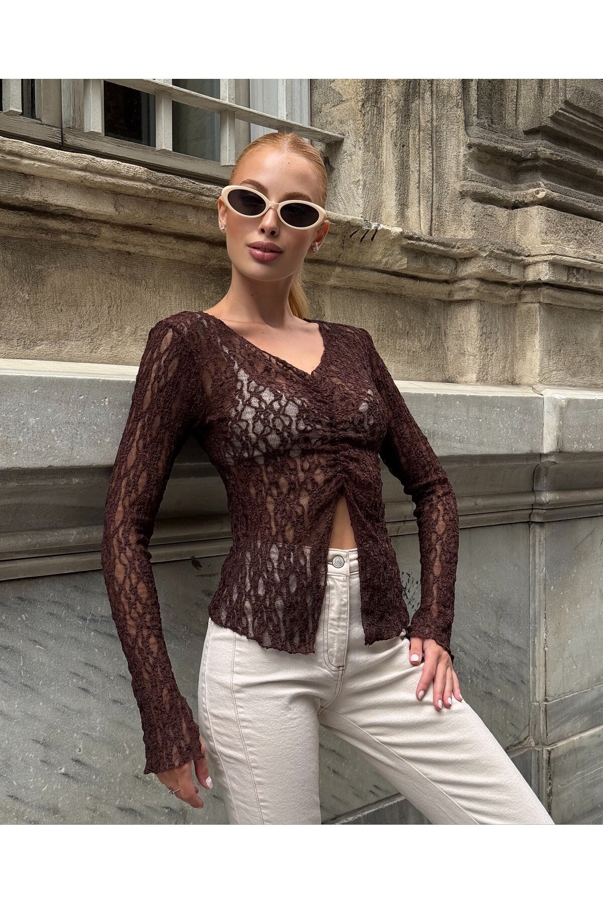 Kadın V Yaka Full Esnek Dantel Bürümcük Spor Şık Tasarım Asimetrik Kesim Gece Bluzu