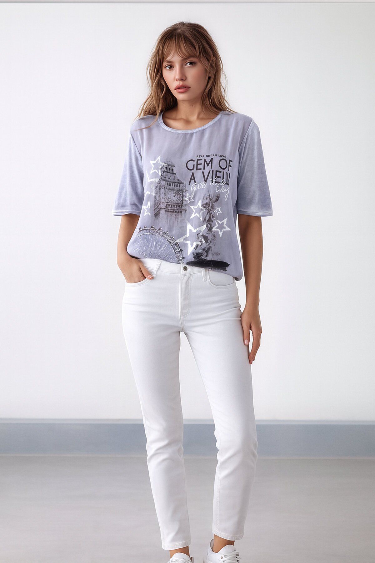 Kadın Bisiklet Yaka Kısa Kol Baskı Detaylı Spor Şık Curve Beli Lastikli Şifon Bluz