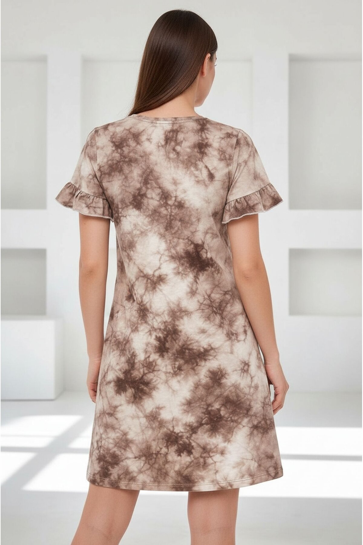 Kadın Bisiklet Yaka Kısa Volanlı Kol Viskon Günlük Midi Boy Desenli Casual Elbise