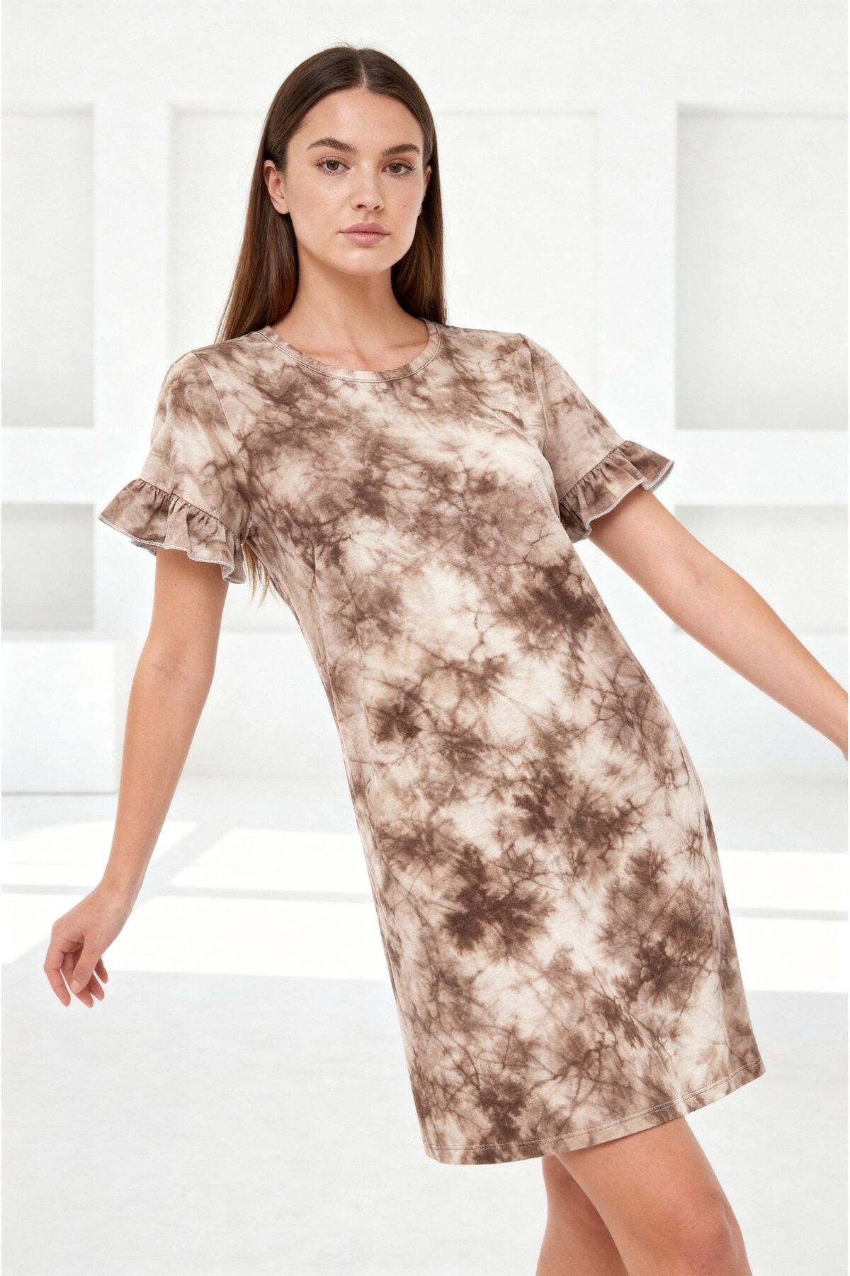 Kadın Bisiklet Yaka Kısa Volanlı Kol Viskon Günlük Midi Boy Desenli Casual Elbise