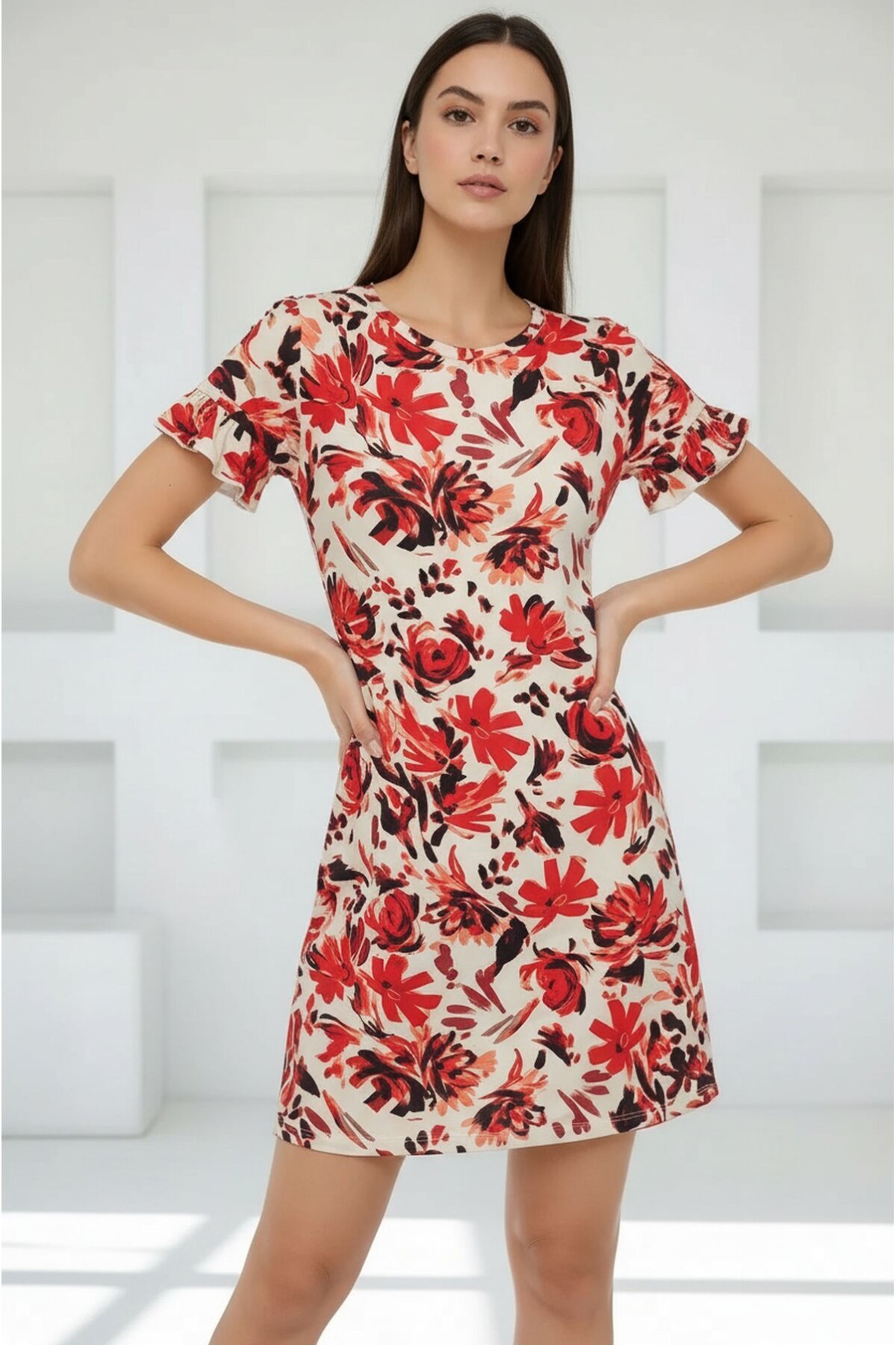 Kadın Bisiklet Yaka Kısa Volanlı Kol Viskon Günlük Midi Boy Desenli Casual Elbise
