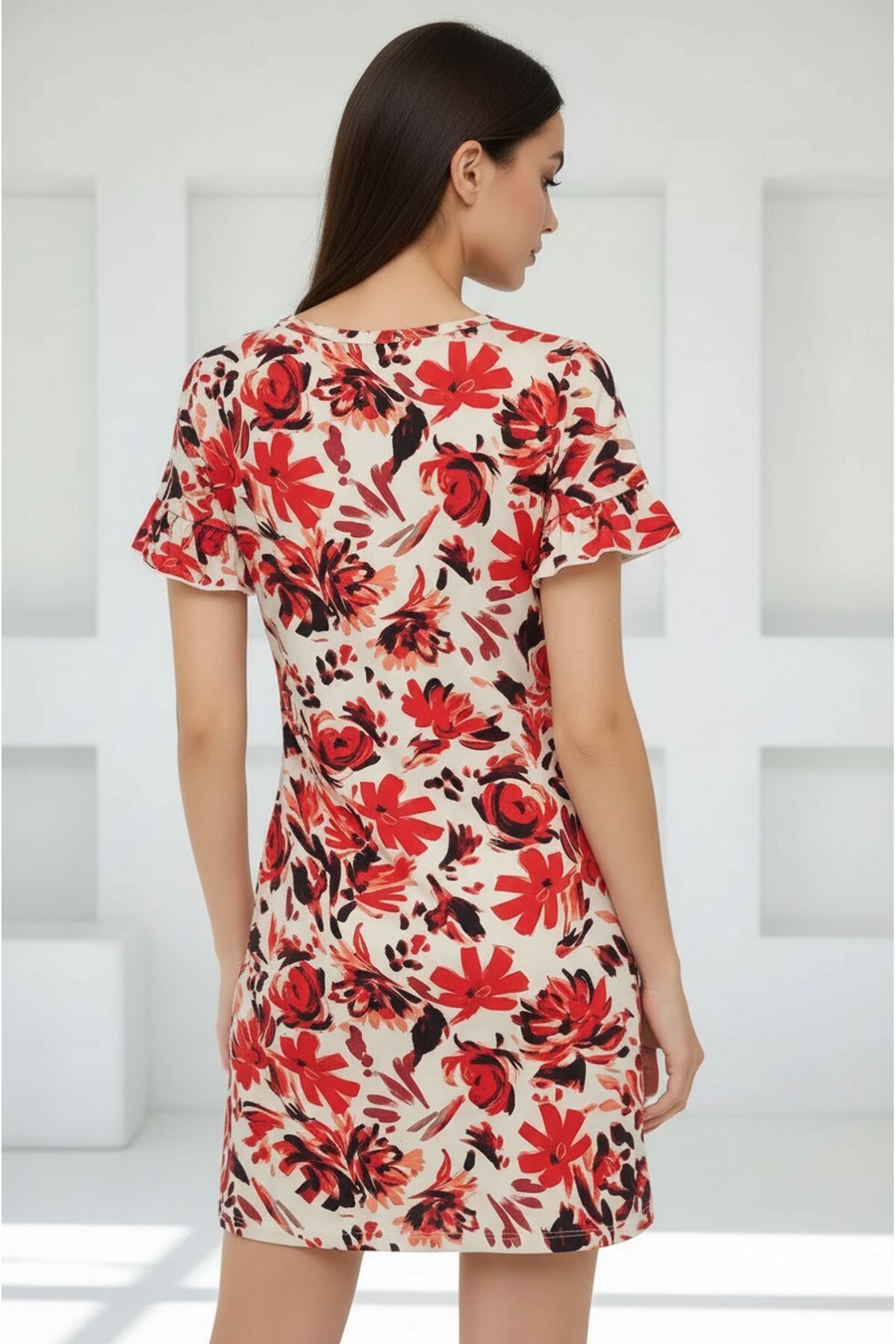 Kadın Bisiklet Yaka Kısa Volanlı Kol Viskon Günlük Midi Boy Desenli Casual Elbise