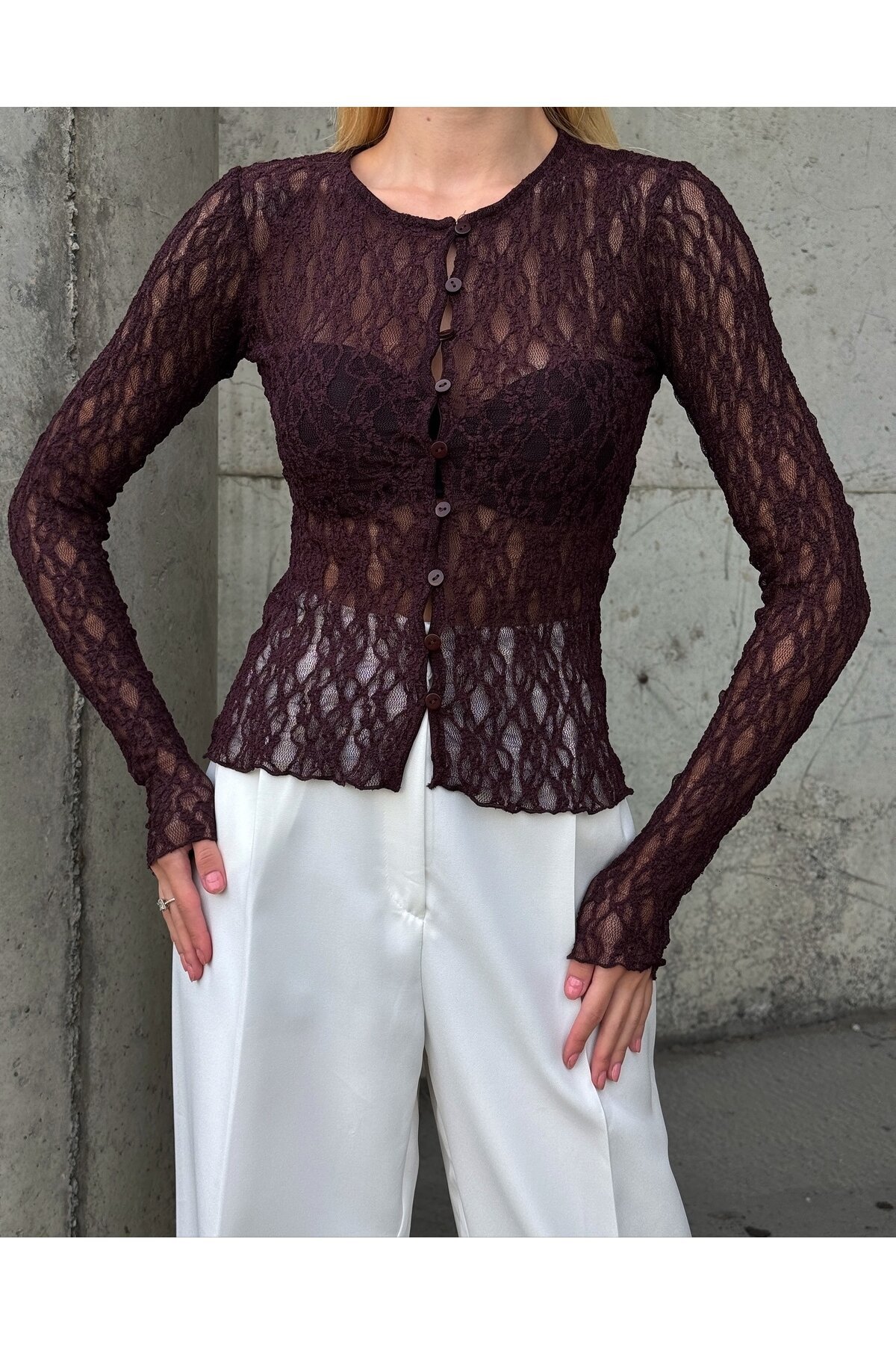 Kadın Bisiklet Yaka Önden Düğmeli Full Esnek Dantel Bürümcük Spor Şık Tasarım Gece Bluzu