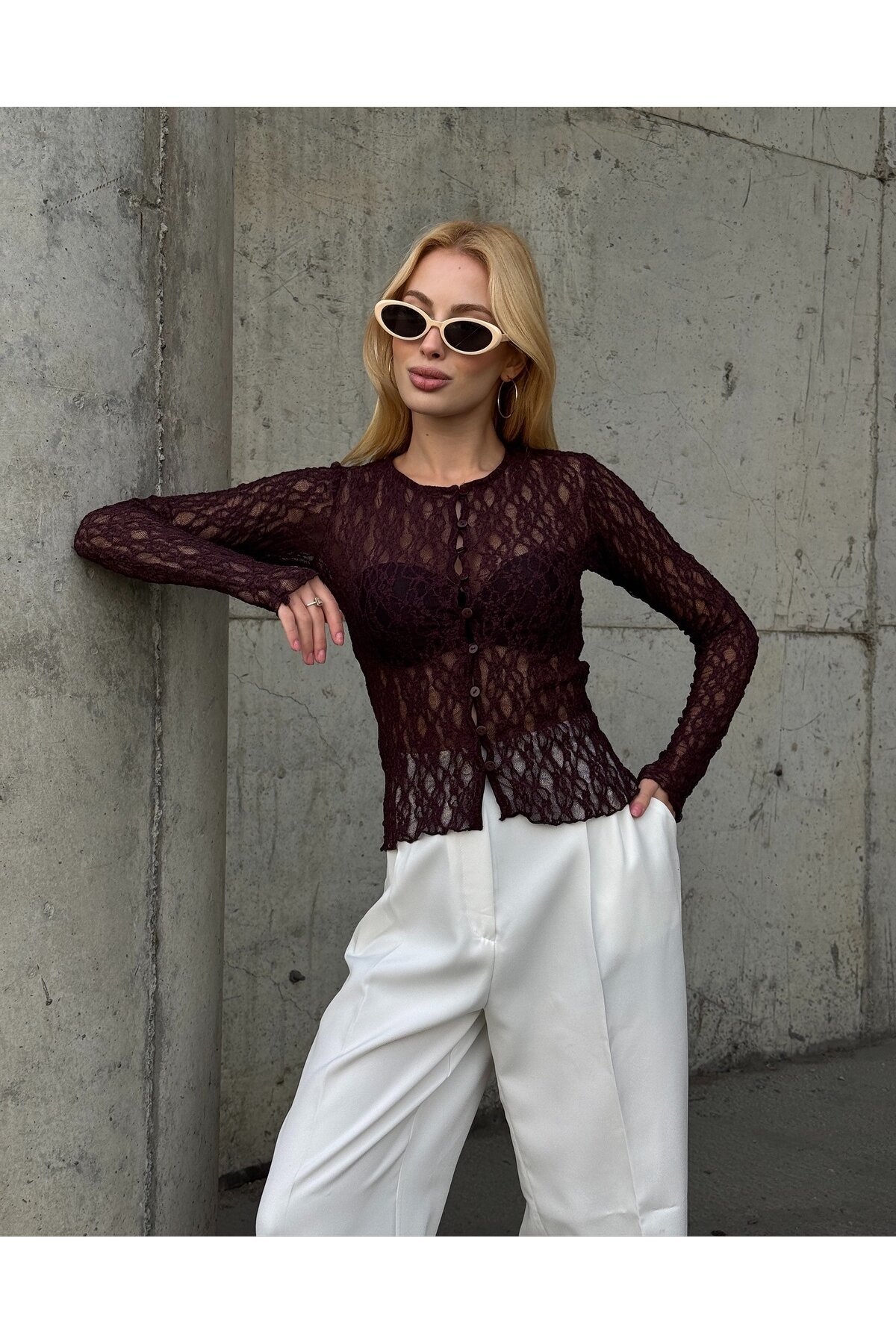Kadın Bisiklet Yaka Önden Düğmeli Full Esnek Dantel Bürümcük Spor Şık Tasarım Gece Bluzu