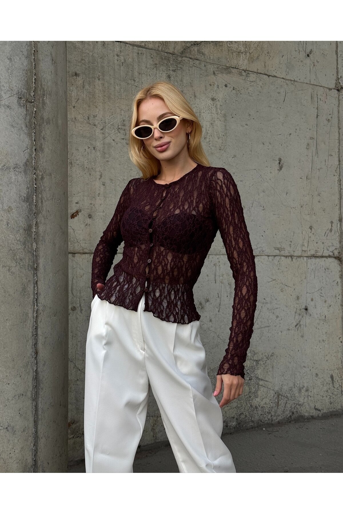 Kadın Bisiklet Yaka Önden Düğmeli Full Esnek Dantel Bürümcük Spor Şık Tasarım Gece Bluzu